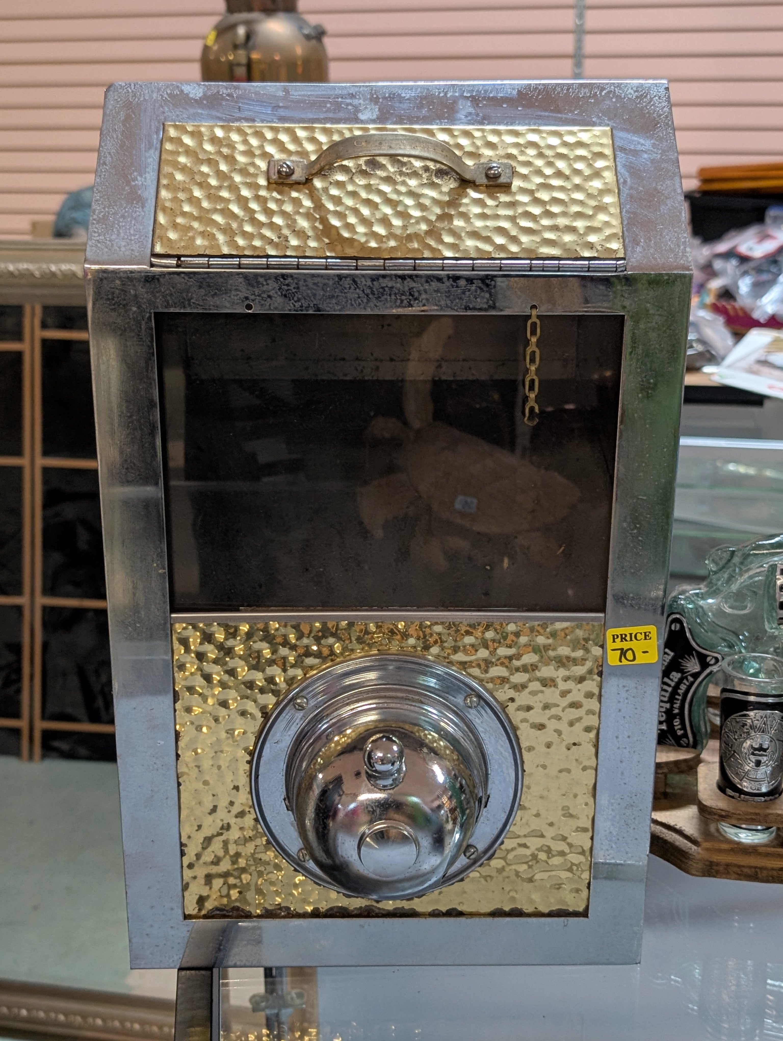 Vintage Front Loading Coffee Bean Dispenser Metal And Glass Wall Mount Display