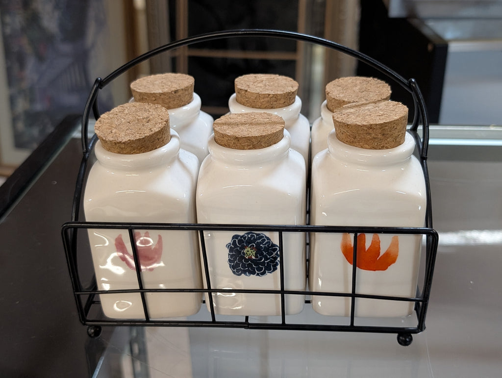 Rae Dunn Artisan Floral Ceramic Spice Jar Set With Wire Caddy And Cork Lids