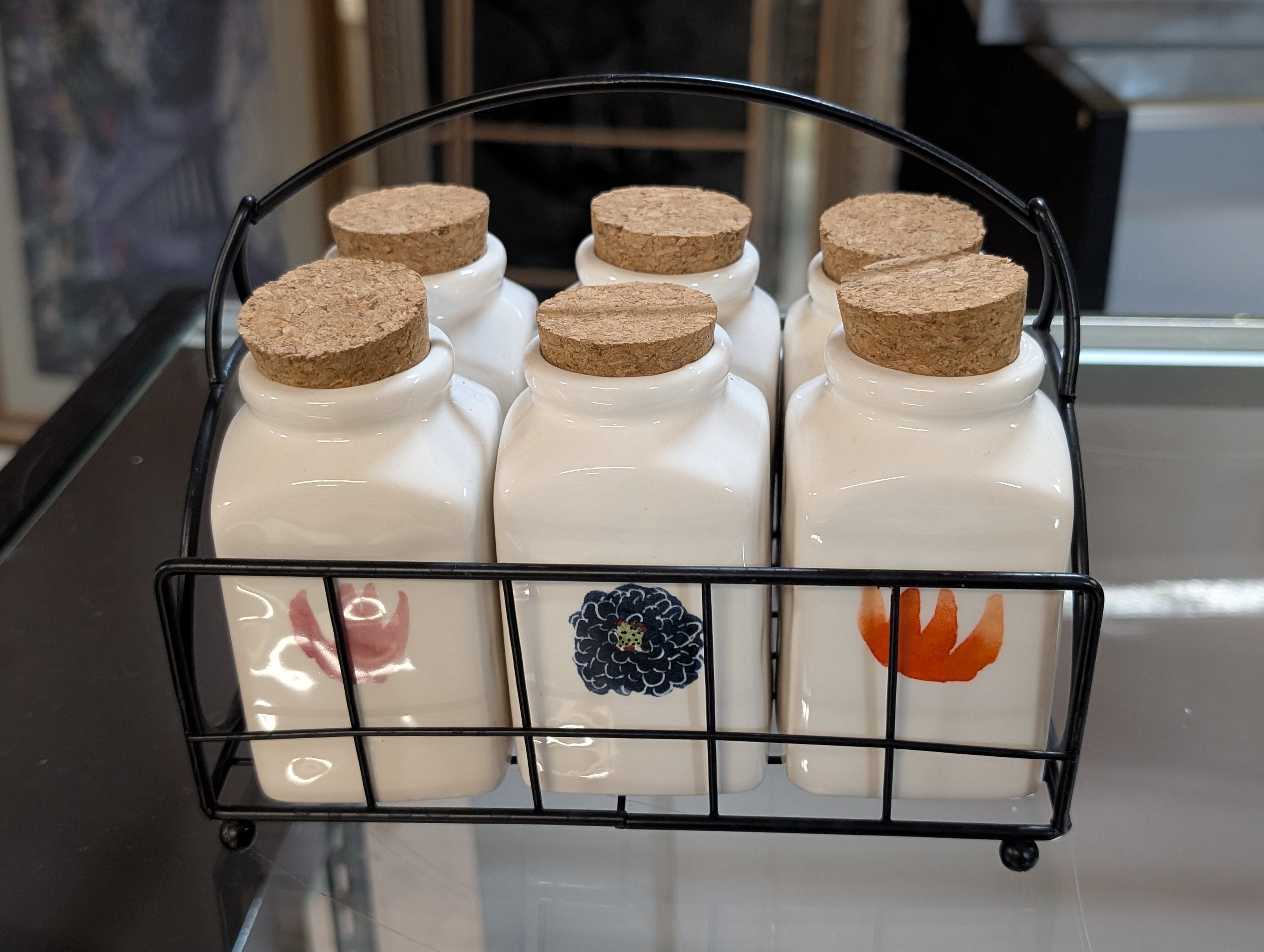 Rae Dunn Artisan Floral Ceramic Spice Jar Set With Wire Caddy And Cork Lids
