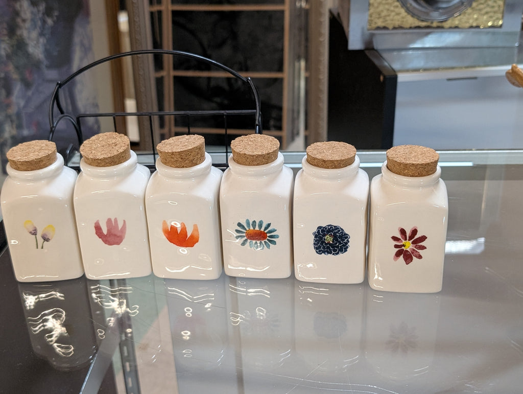 Rae Dunn Artisan Floral Ceramic Spice Jar Set With Wire Caddy And Cork Lids