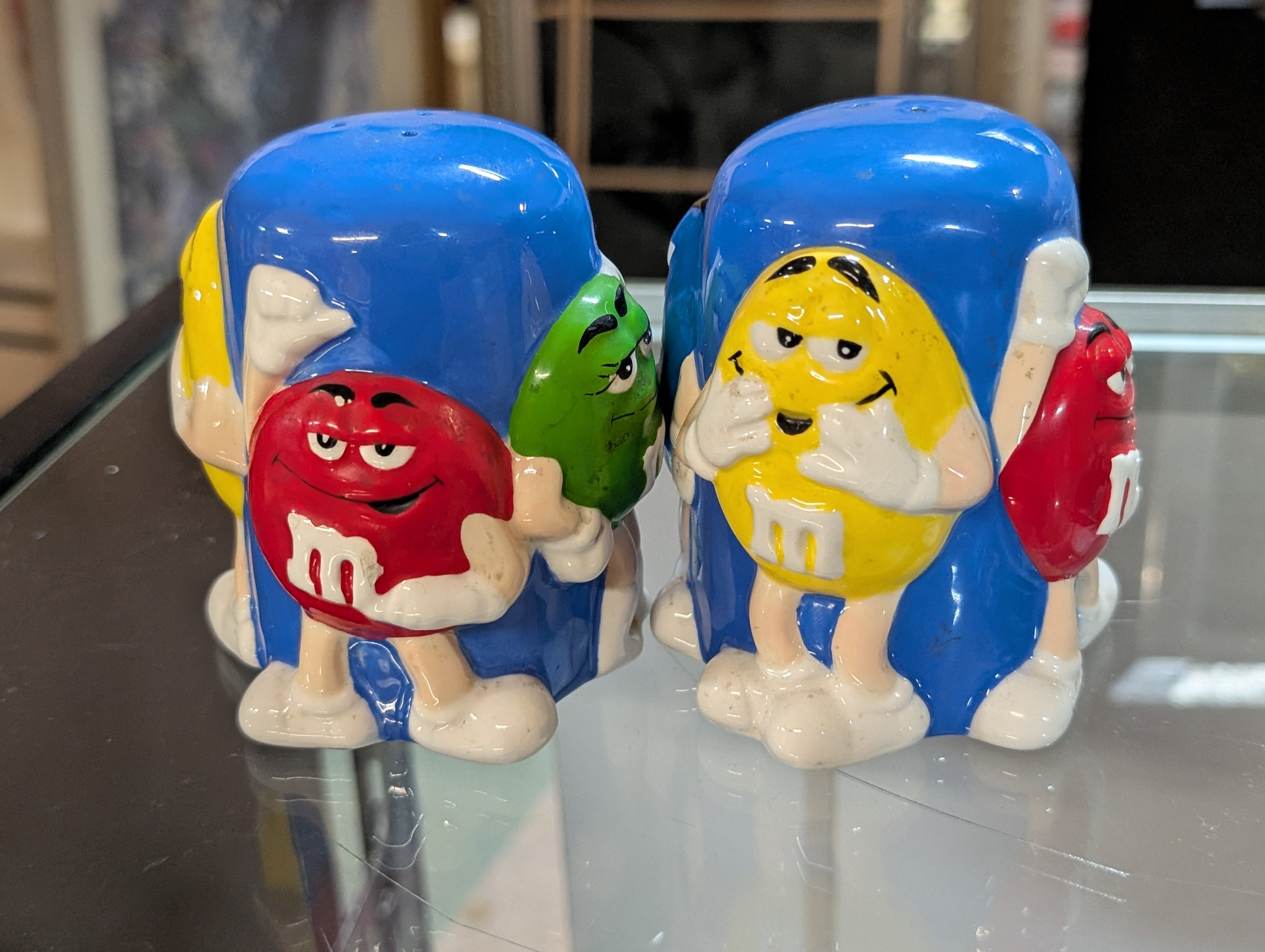 Vintage MMs Blue Ceramic Salt And Pepper Shaker Set Candy Character Decor Fun