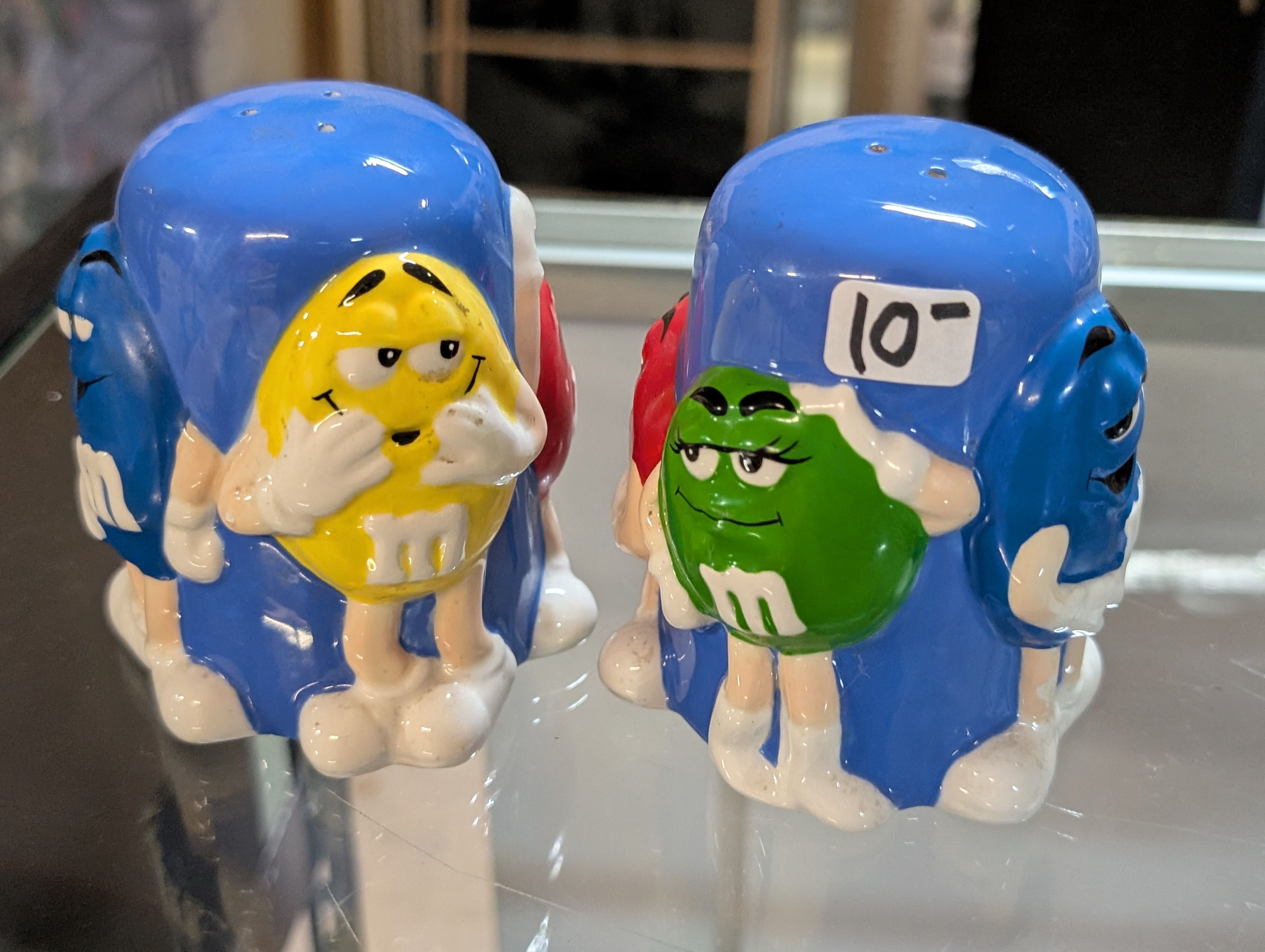 Vintage MMs Blue Ceramic Salt And Pepper Shaker Set Candy Character Decor Fun