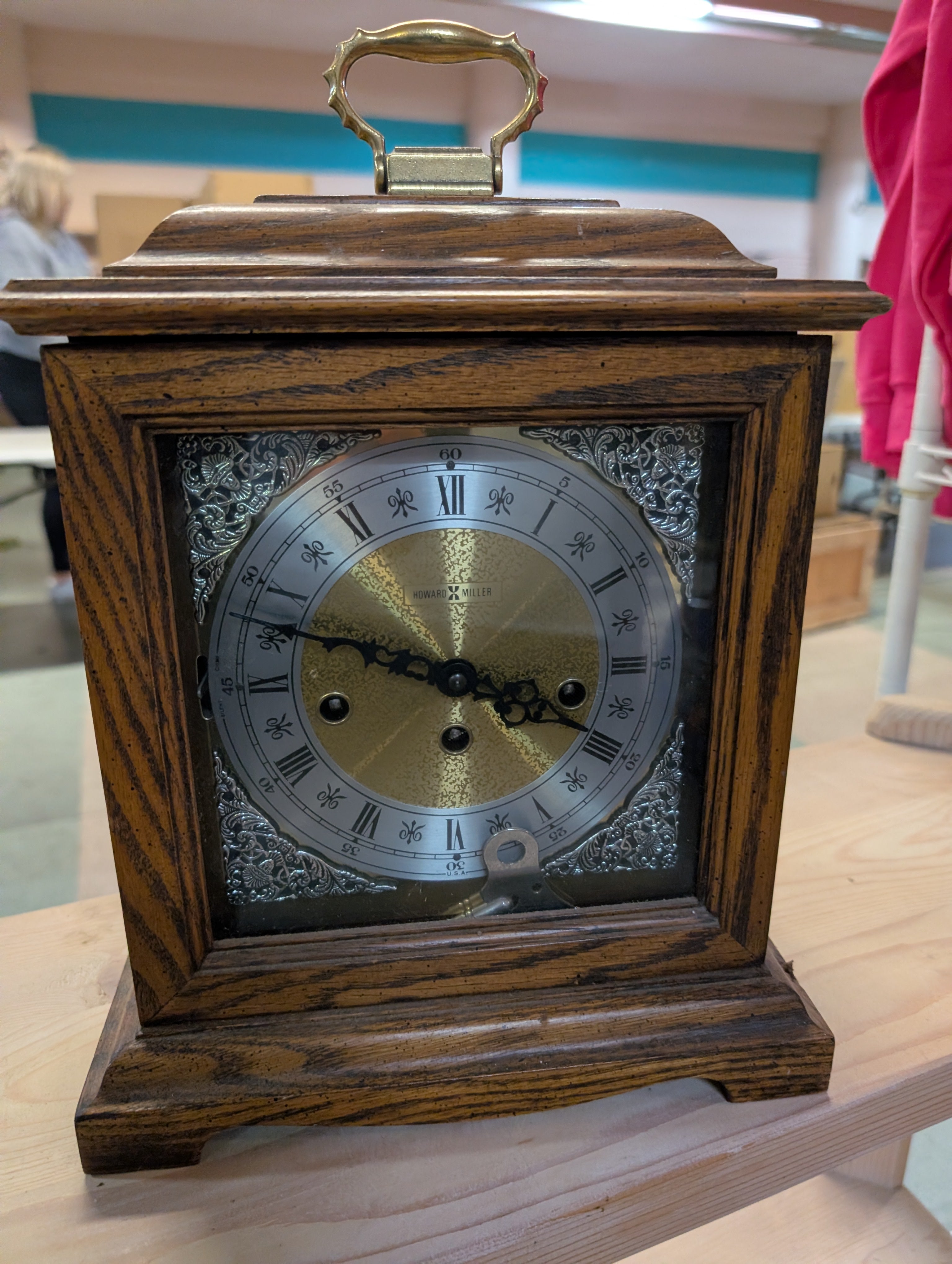 Vintage Howard Miller Mantel Clock Oak Wood Westminster Chime Mechanical Design