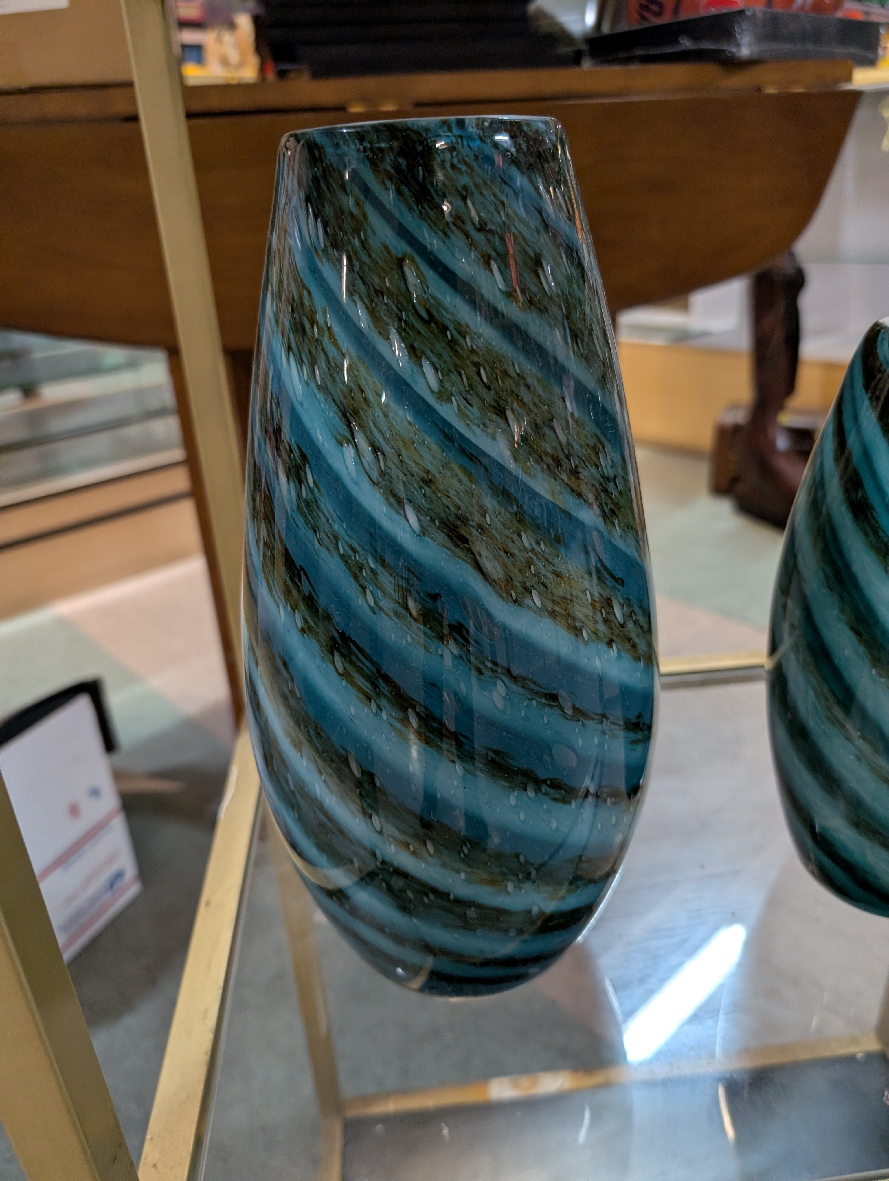Vintage Blue Green Art Glass Vase Hand Blown Swirl Pattern Decorative Display