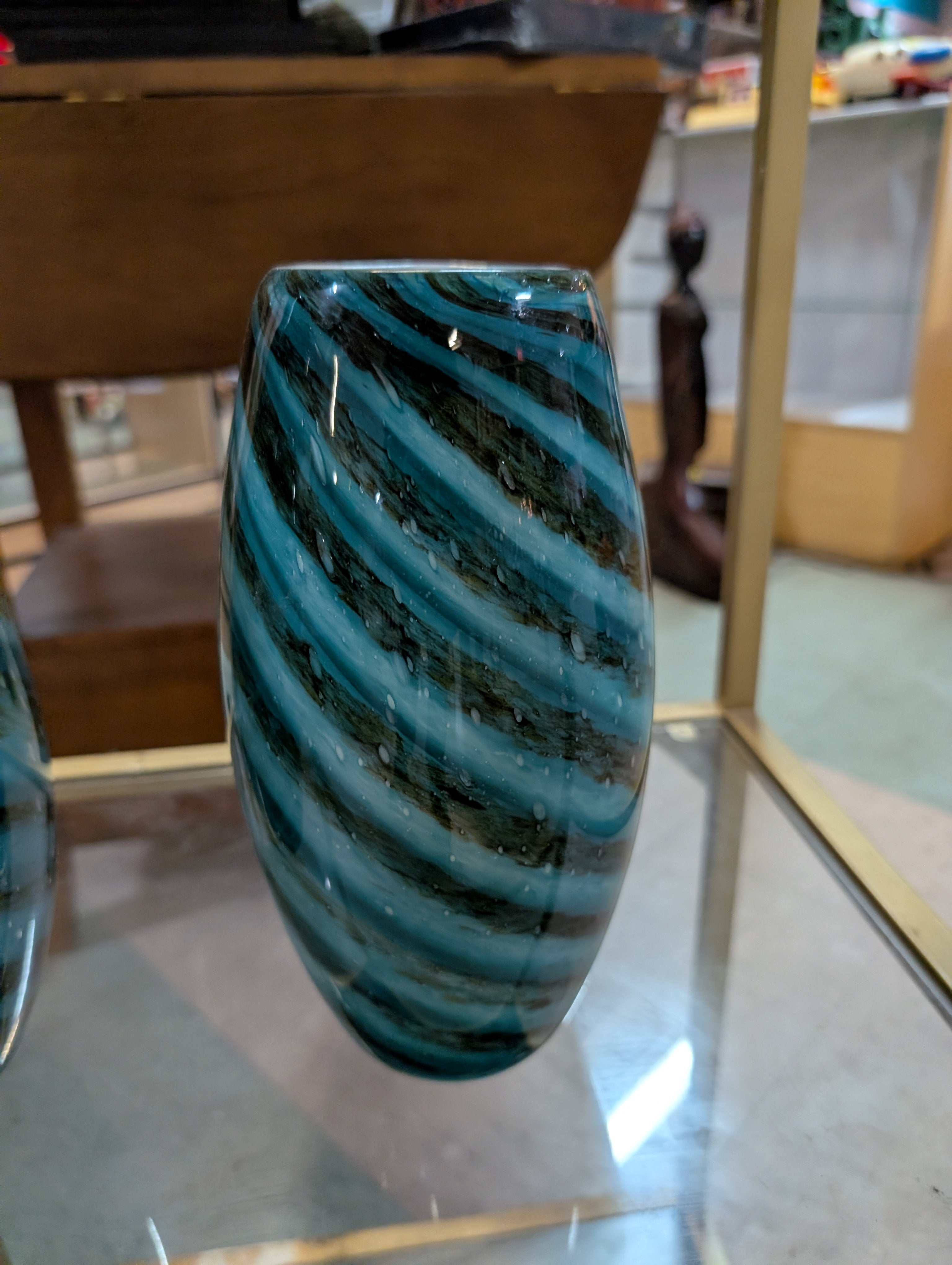 Vintage Blue Green Art Glass Vase Hand Blown Swirl Pattern Decorative Accent
