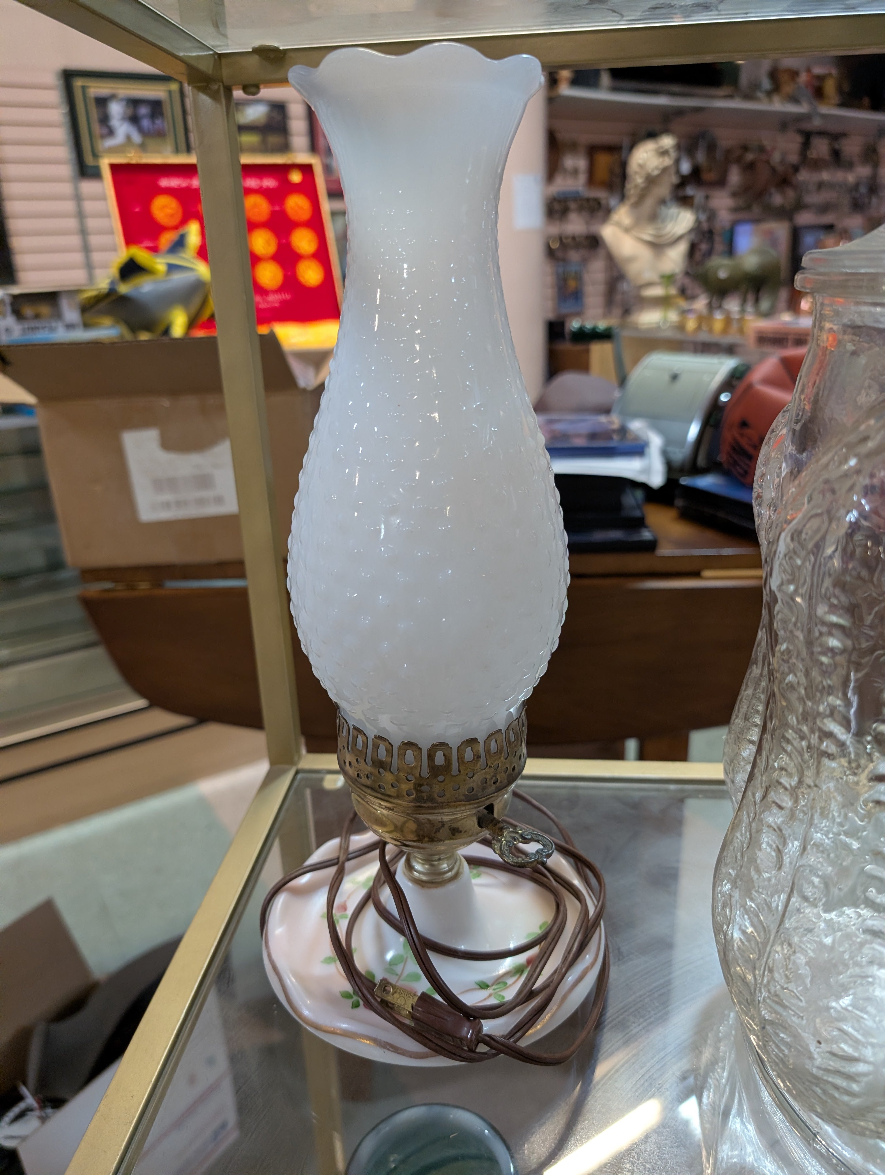 Vintage Milk Glass Hurricane Table Lamp Hobnail Shade Electric Lighting Decor