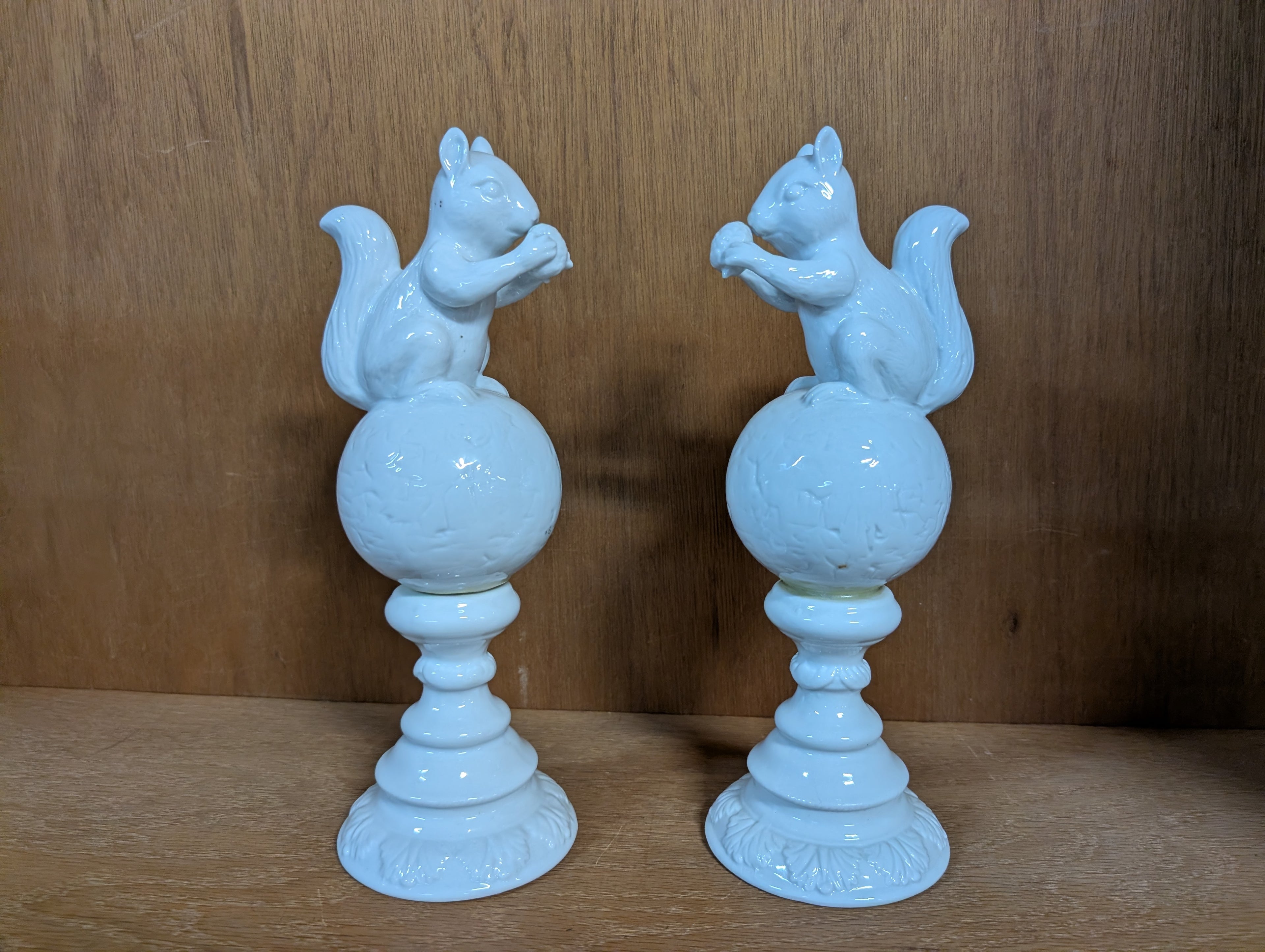 Vintage White Ceramic Squirrel Pedestal Figurine Pair Decorative Display Statues