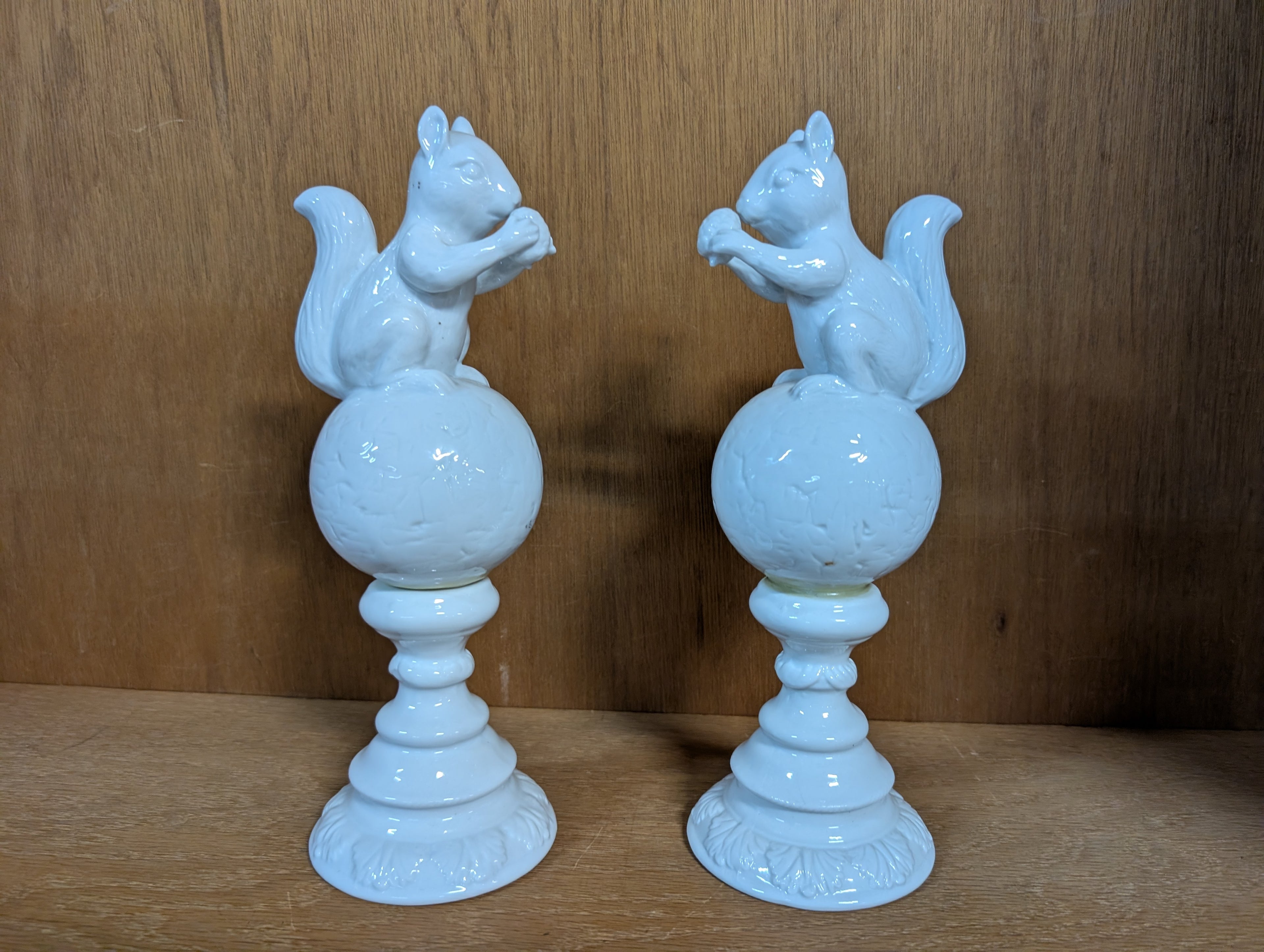 Vintage White Ceramic Squirrel Pedestal Figurine Pair Decorative Display Statues