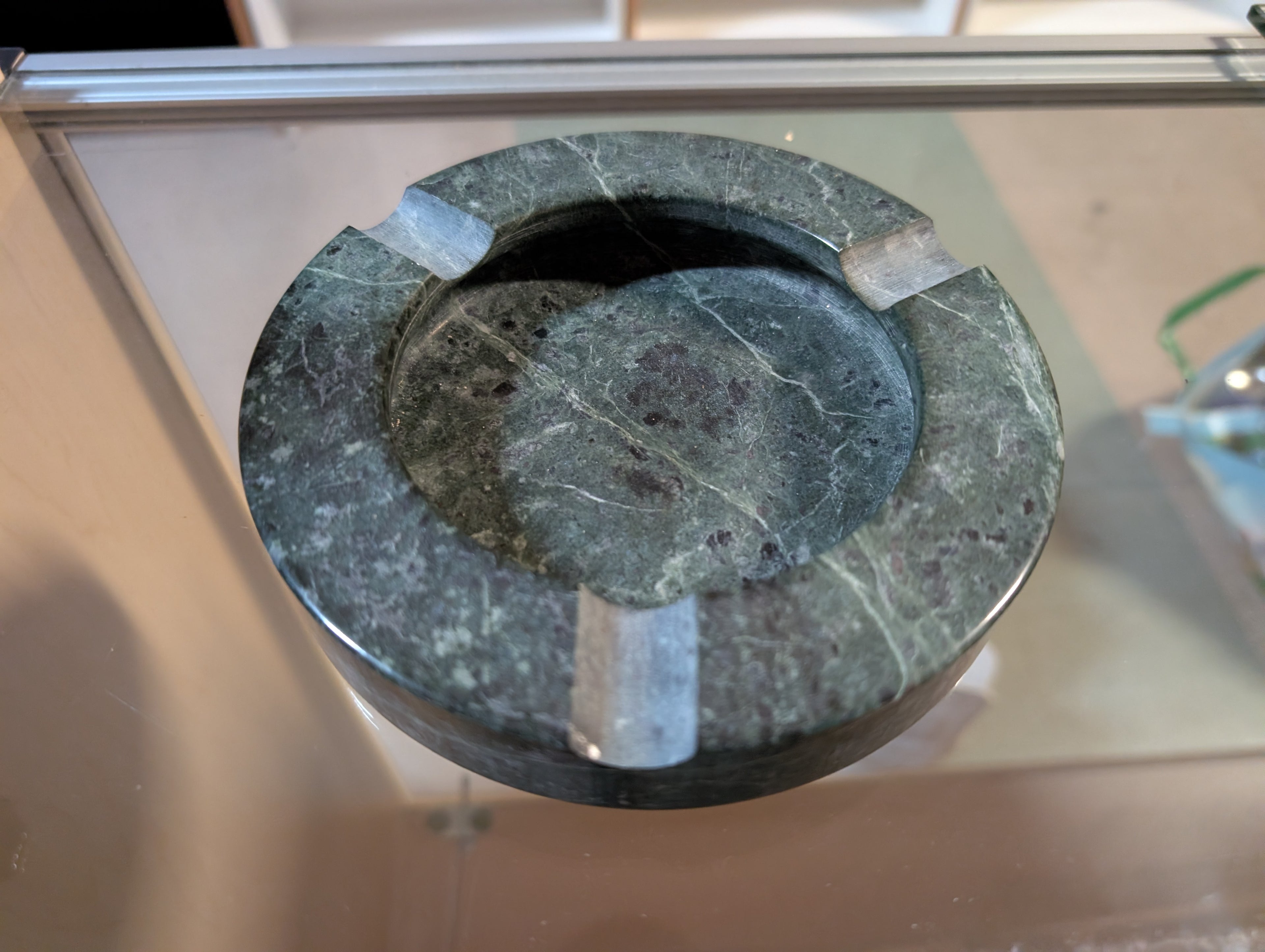 Vintage Green Marble Stone Ashtray Round Heavy Four Slot Mid Century Decor