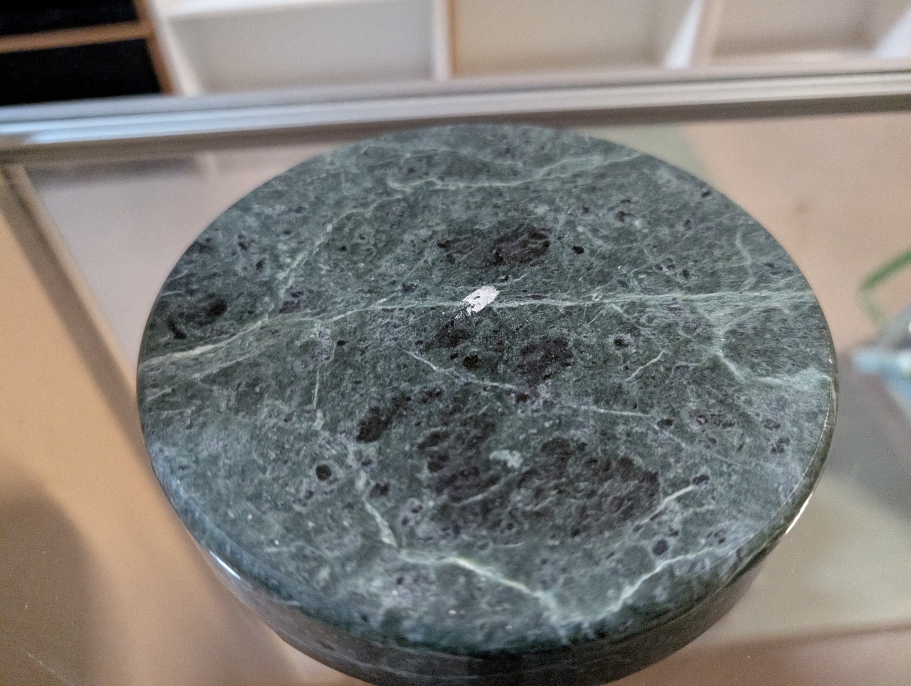 Vintage Green Marble Stone Ashtray Round Heavy Four Slot Mid Century Decor