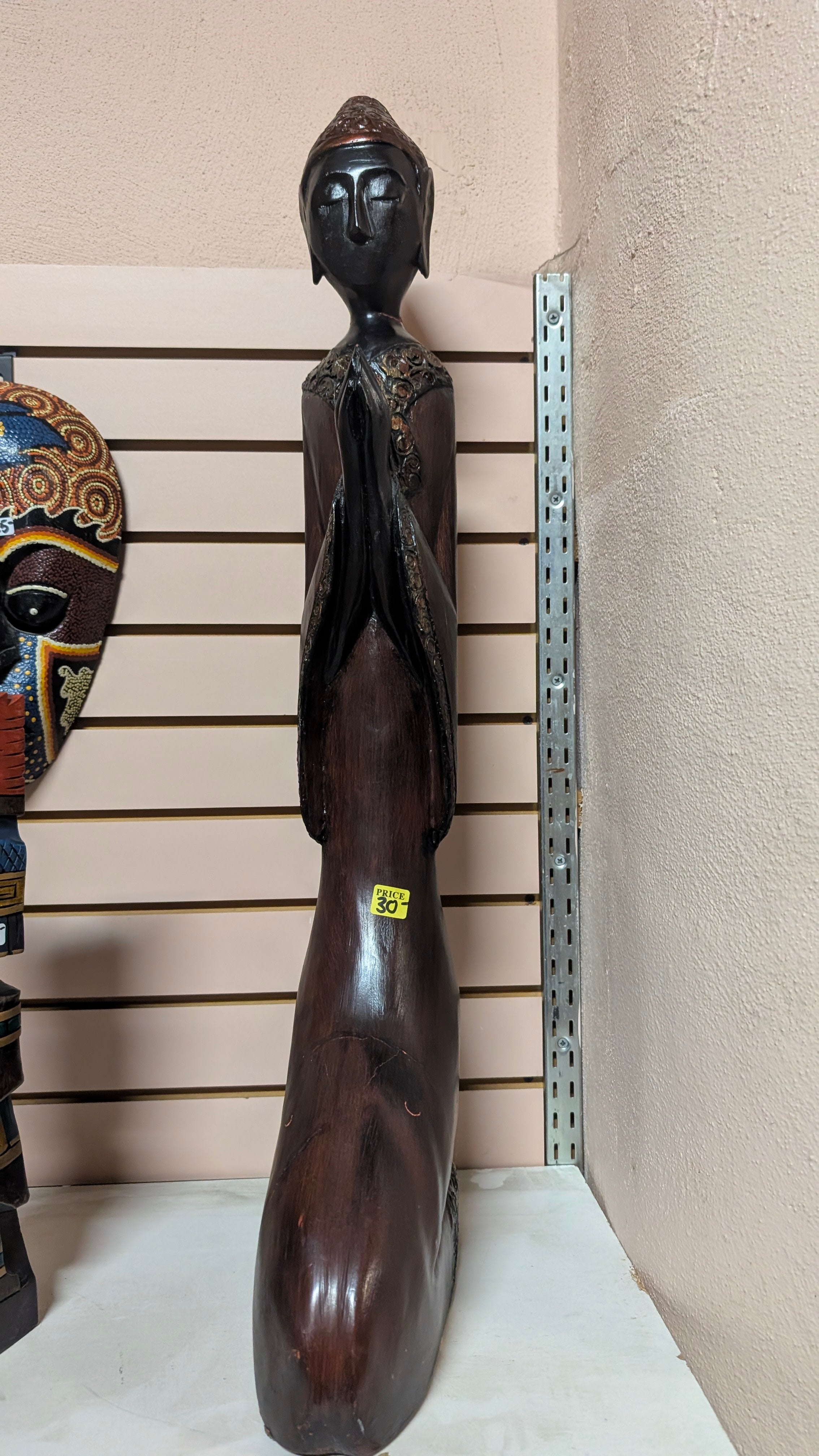 Vintage Hand Carved Wooden Praying Figure Sculpture Tall Asian Style Decor Art