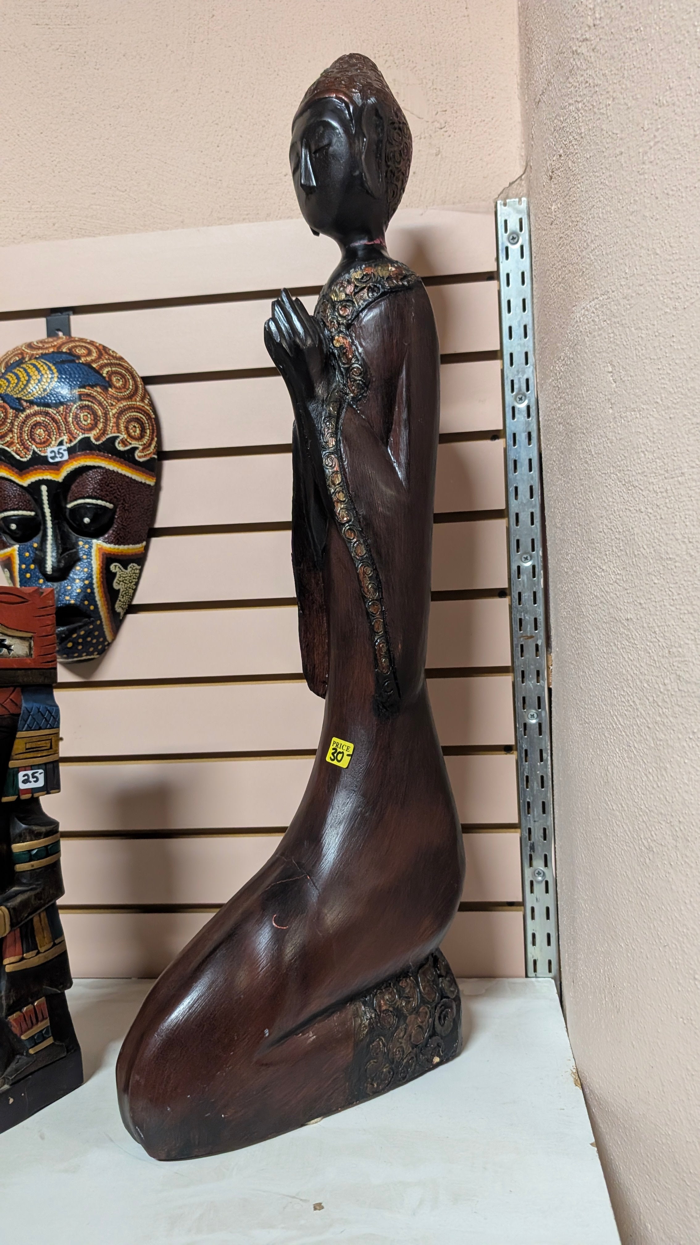 Vintage Hand Carved Wooden Praying Figure Sculpture Tall Asian Style Decor Art