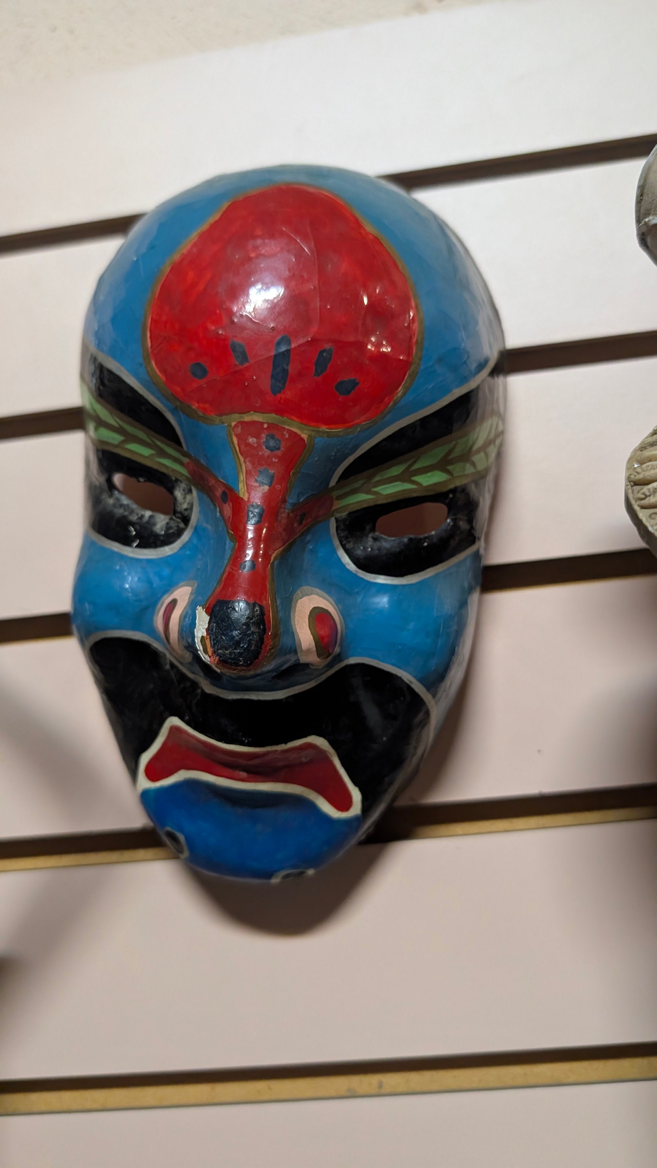 Vintage Hand Painted Tribal Style Blue Red Decorative Mask Wall Art Collectible