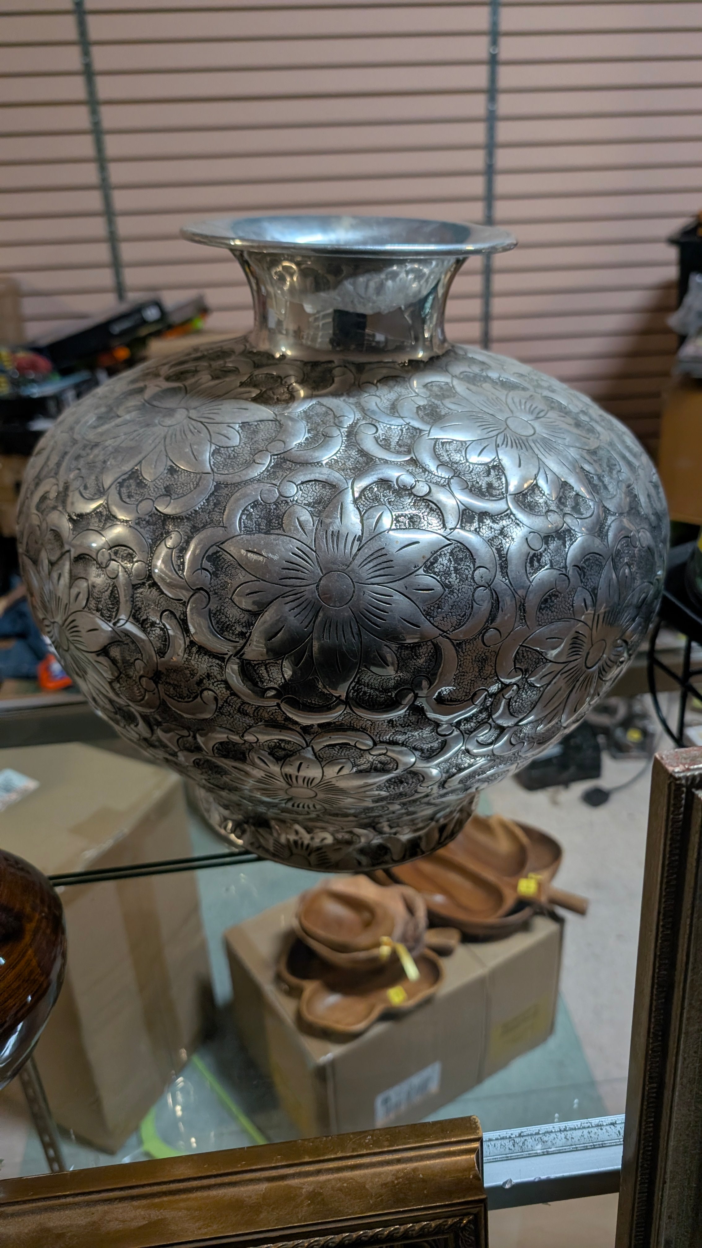 Vintage Hand Engraved Silver Tone Floral Metal Vase Decorative Home Accent Art