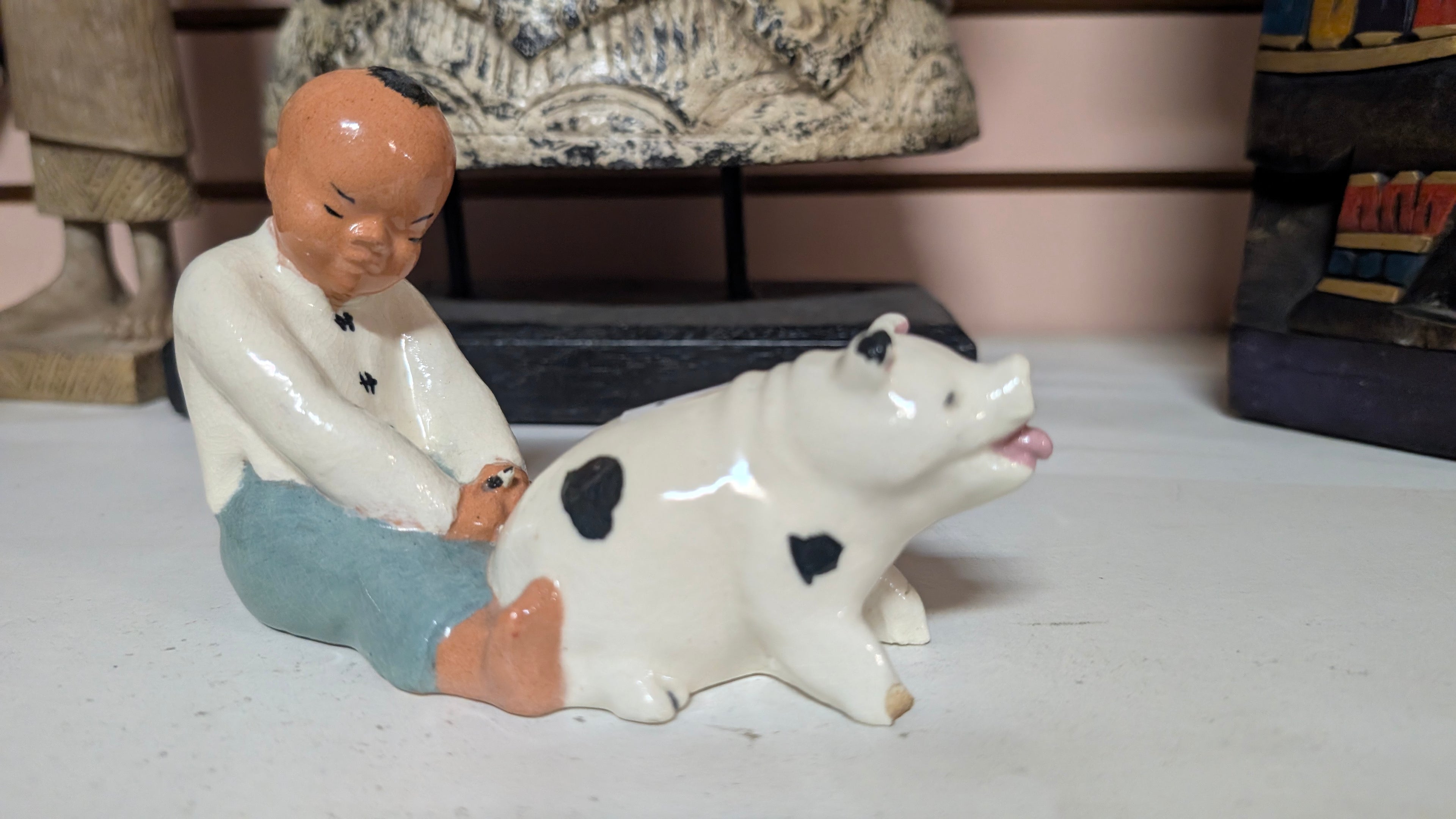 Vintage Hand Painted Ceramic Figurine Child Riding Pig Folk Art Collectible