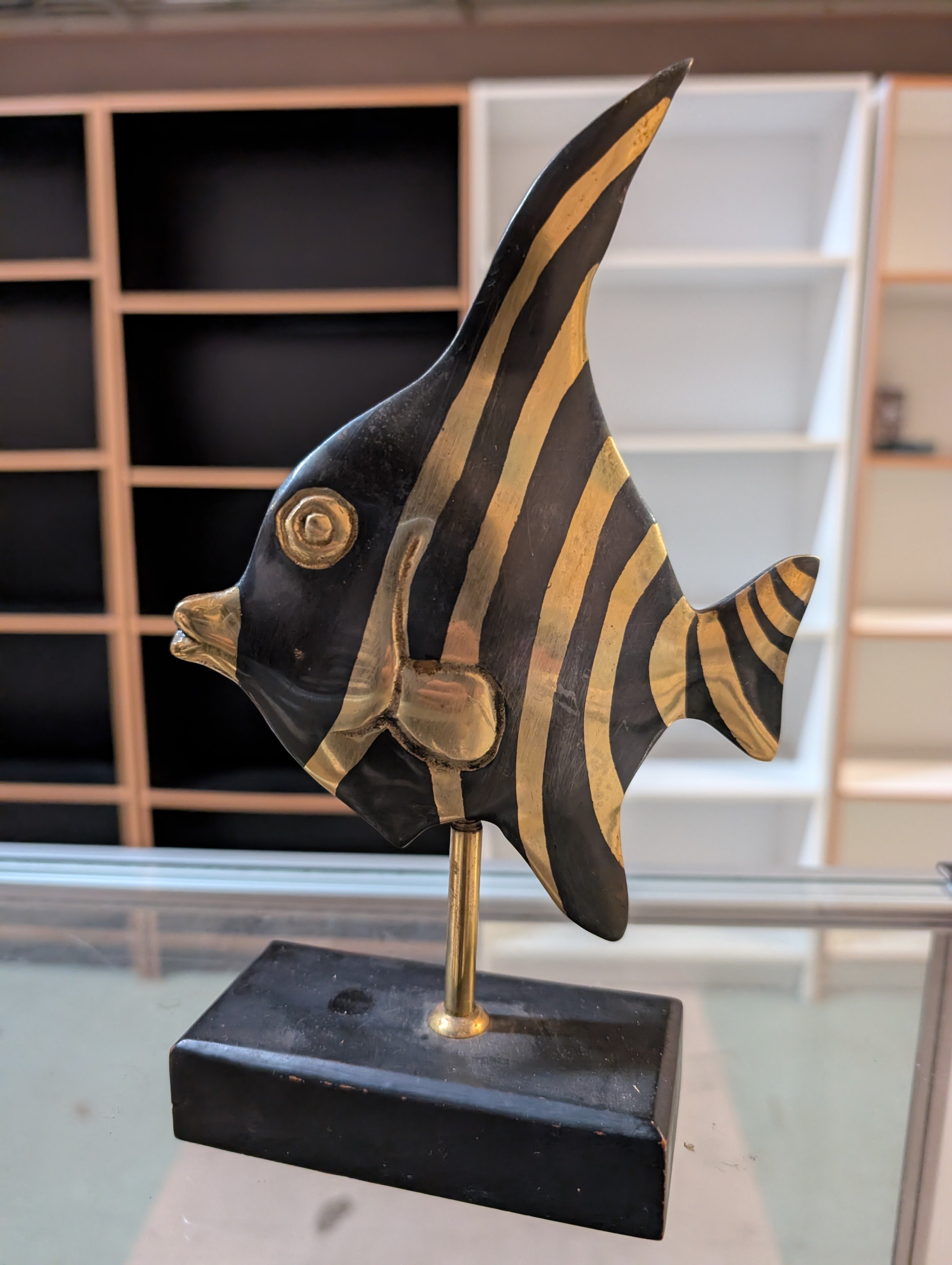 Mid Century Metal Angelfish Sculpture Black Gold Decorative Table Display Art