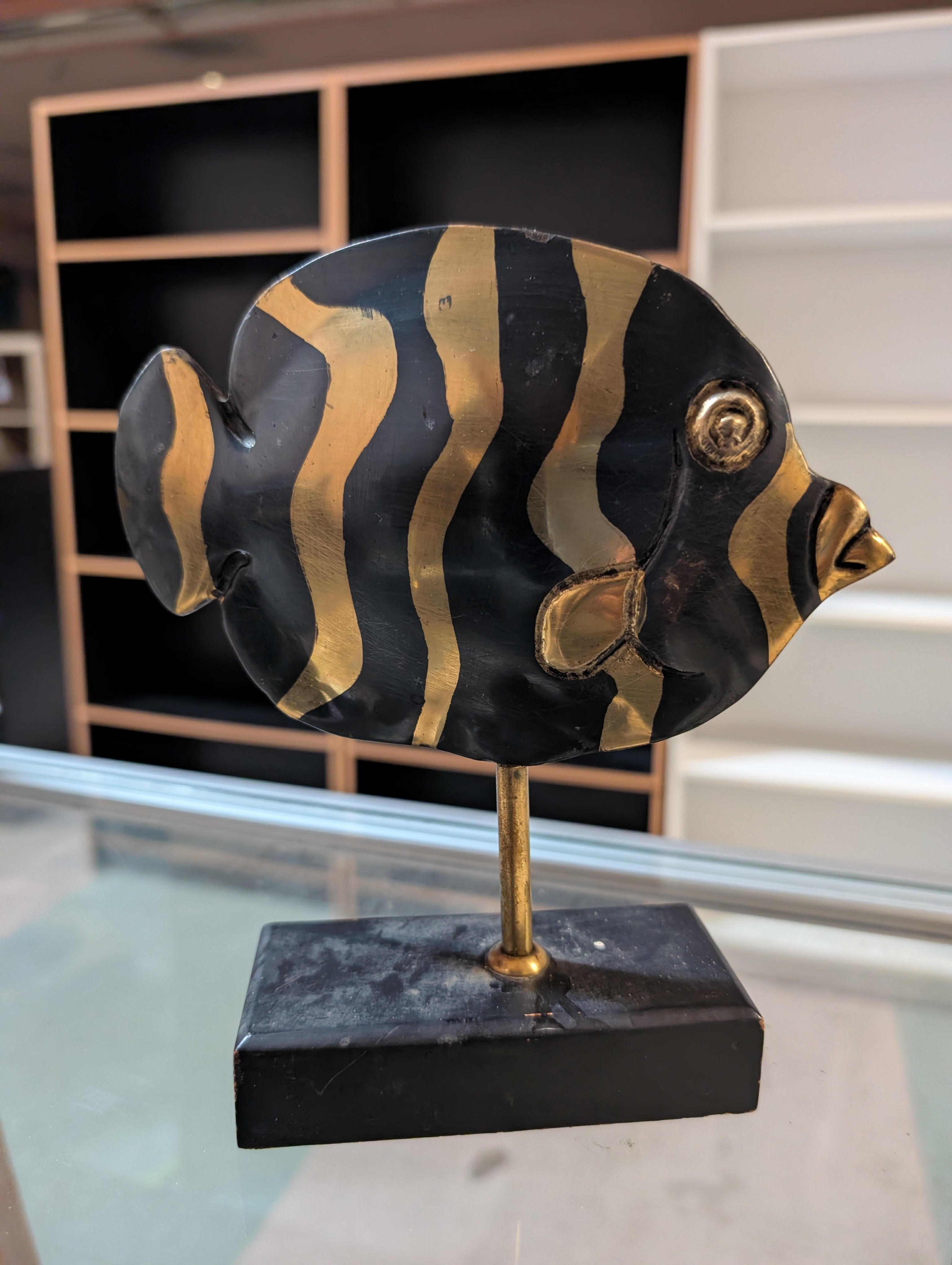 Vintage Mid Century Metal Angelfish Sculpture Black Gold Tabletop Decor Display