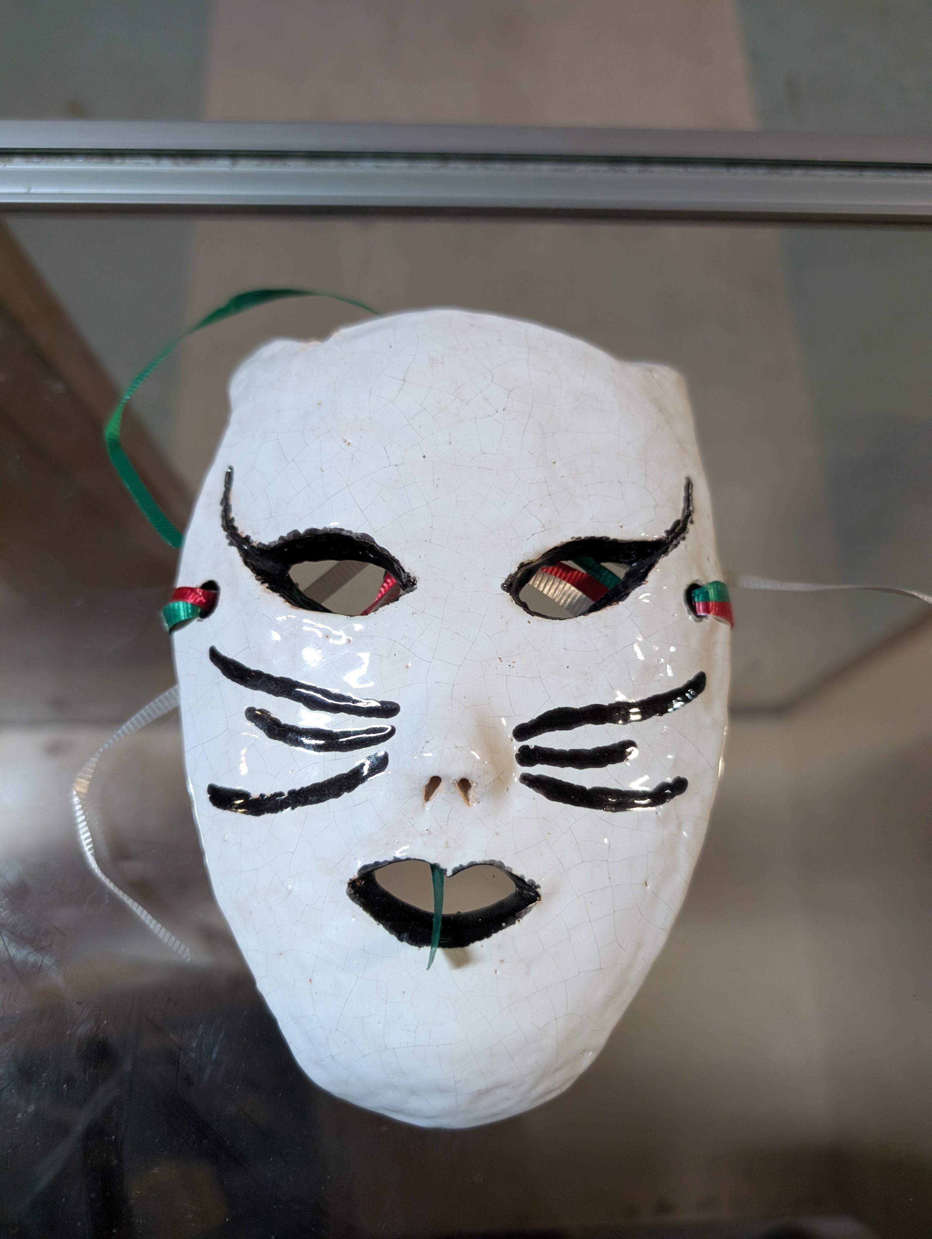 Vintage Ceramic Cat Mask White Glazed Hand Painted Decorative Wall Art Collectible