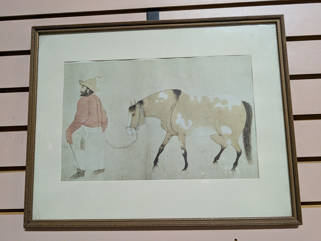 Antique Ming Dynasty Chinese Mongol Leading A Horse Framed Art Print Wall Decor