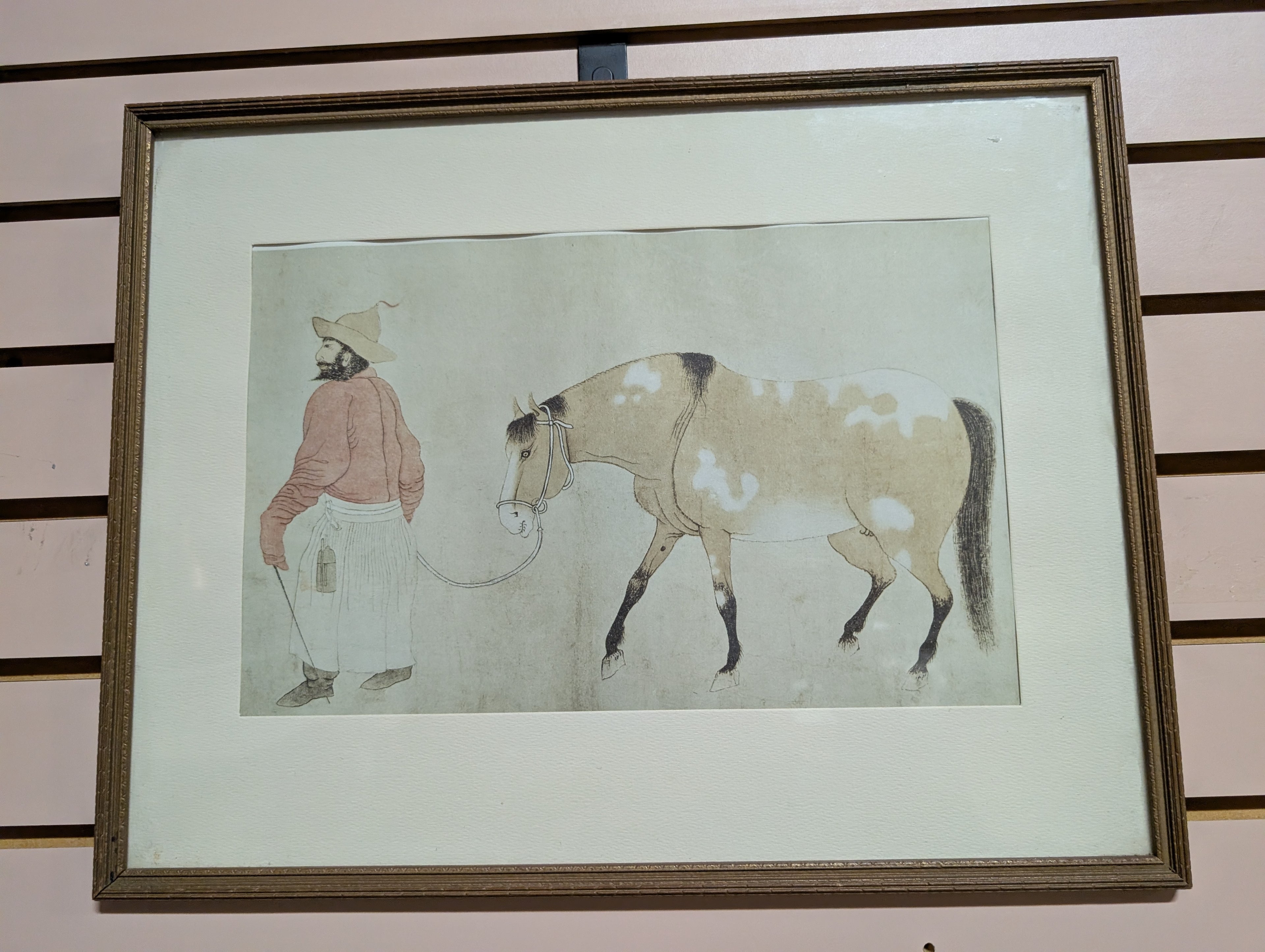 Antique Ming Dynasty Chinese Mongol Leading A Horse Framed Art Print Wall Decor