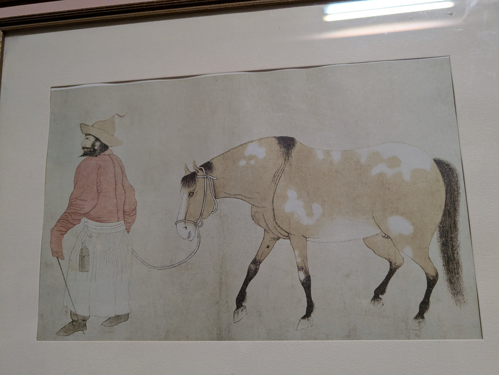 Antique Ming Dynasty Chinese Mongol Leading A Horse Framed Art Print Wall Decor