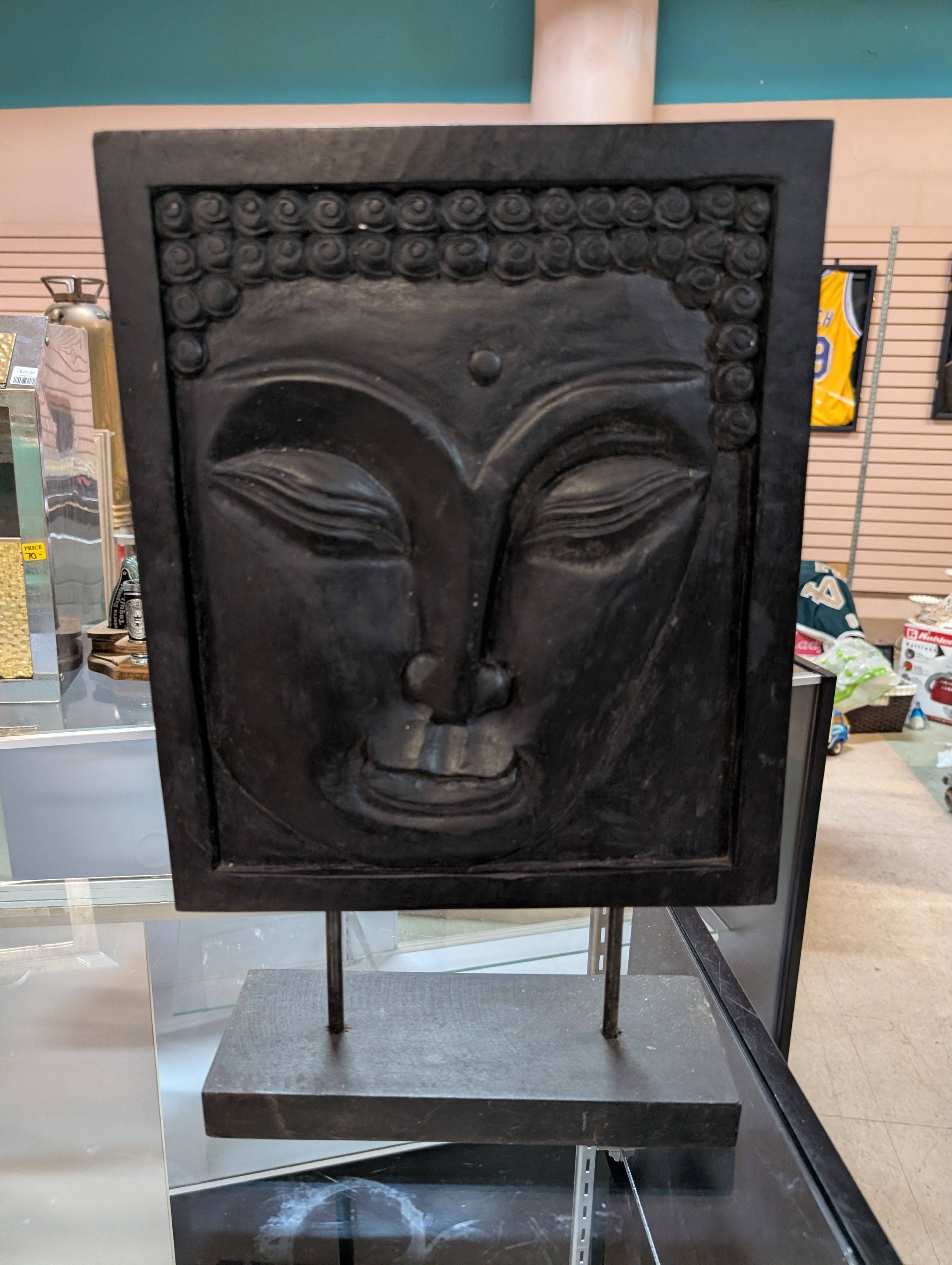 Hand Carved Buddha Face Relief Statue Black Wood Decor Meditation Art Spiritual