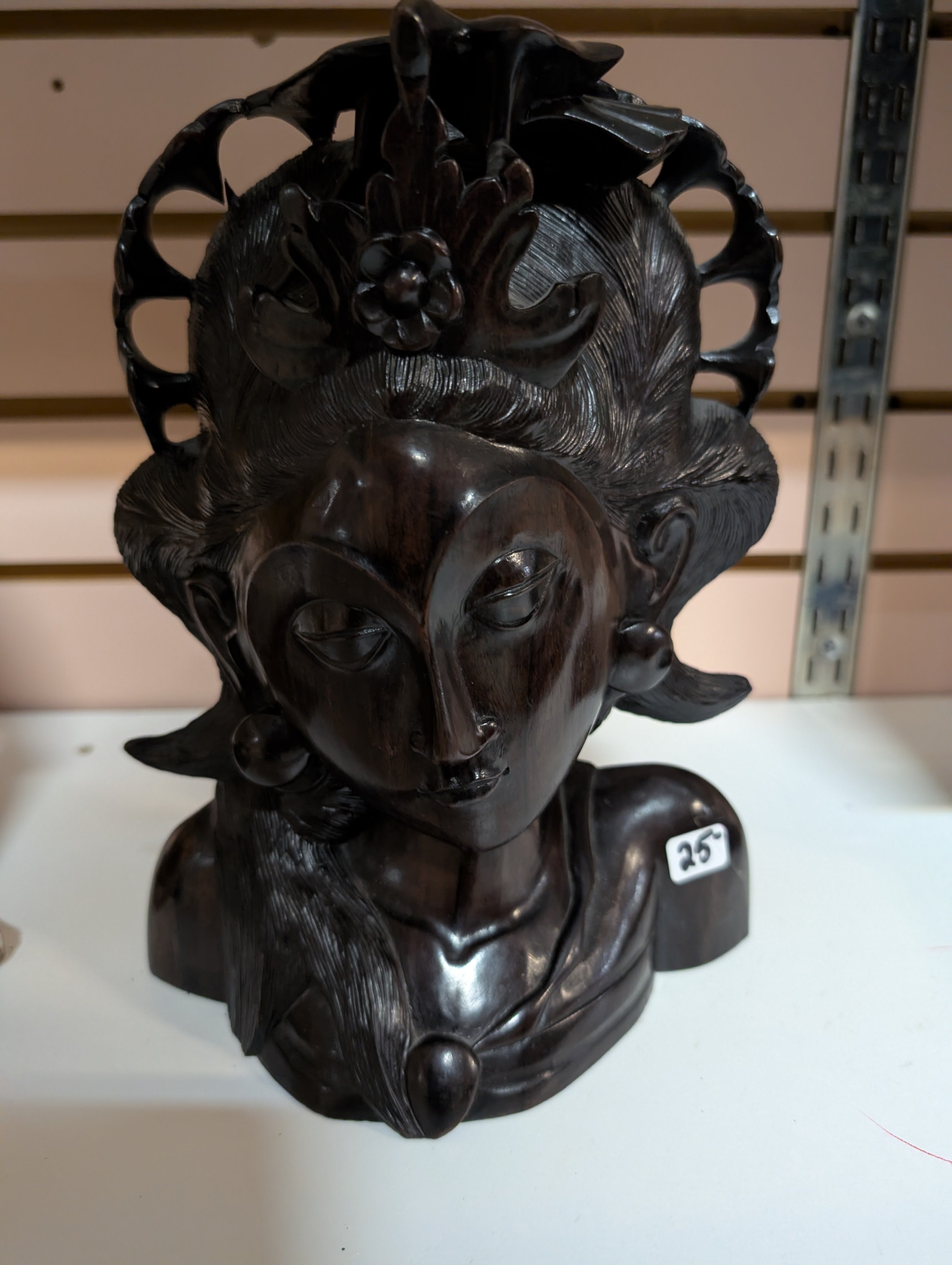 Hand Carved Dark Wood Goddess Bust Sculpture Ornate Headdress Asian Style Decor