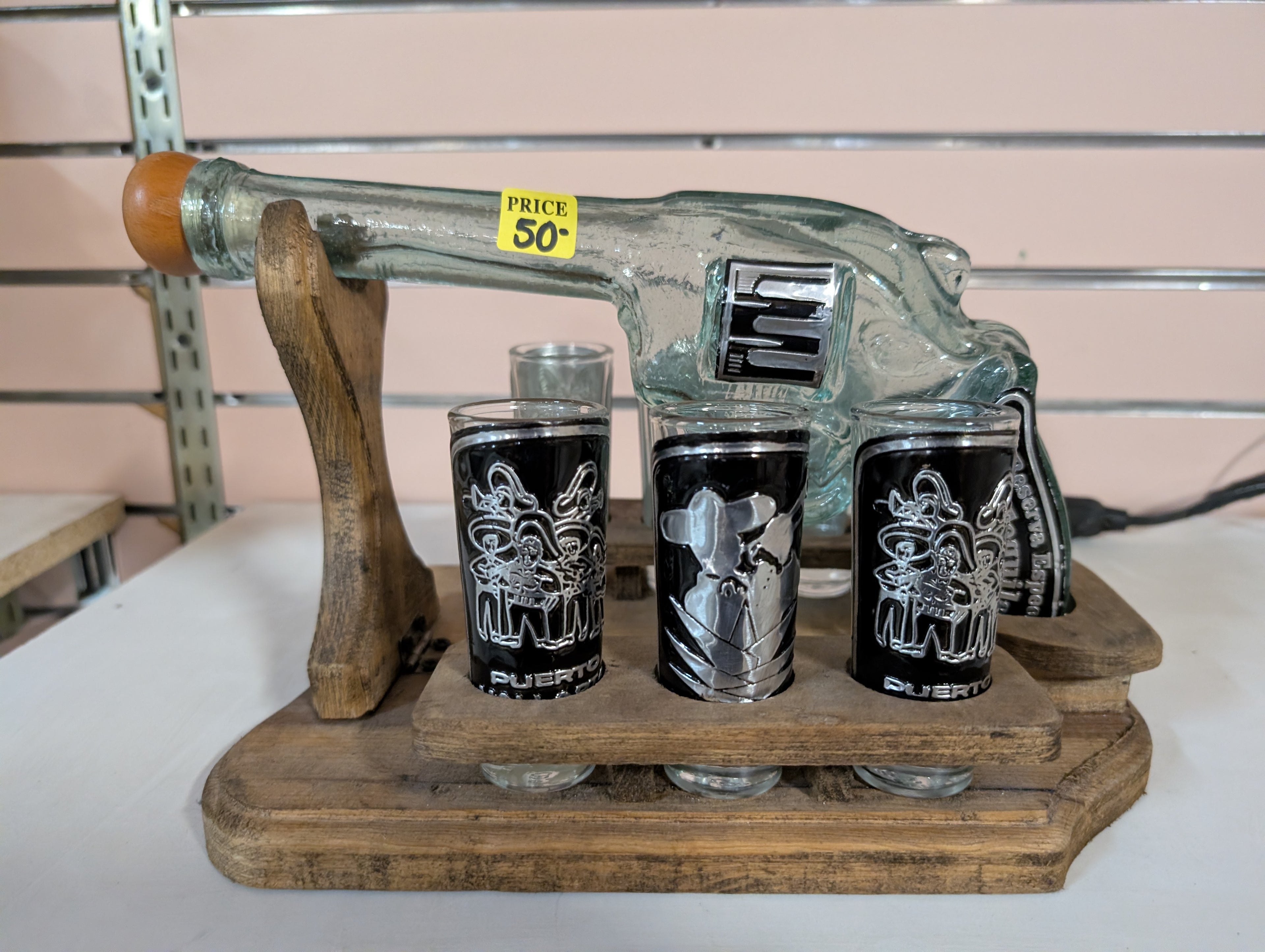 Vintage Glass Tequila Gun Shot Dispenser Wood Stand Puerto Vallarta Glasses