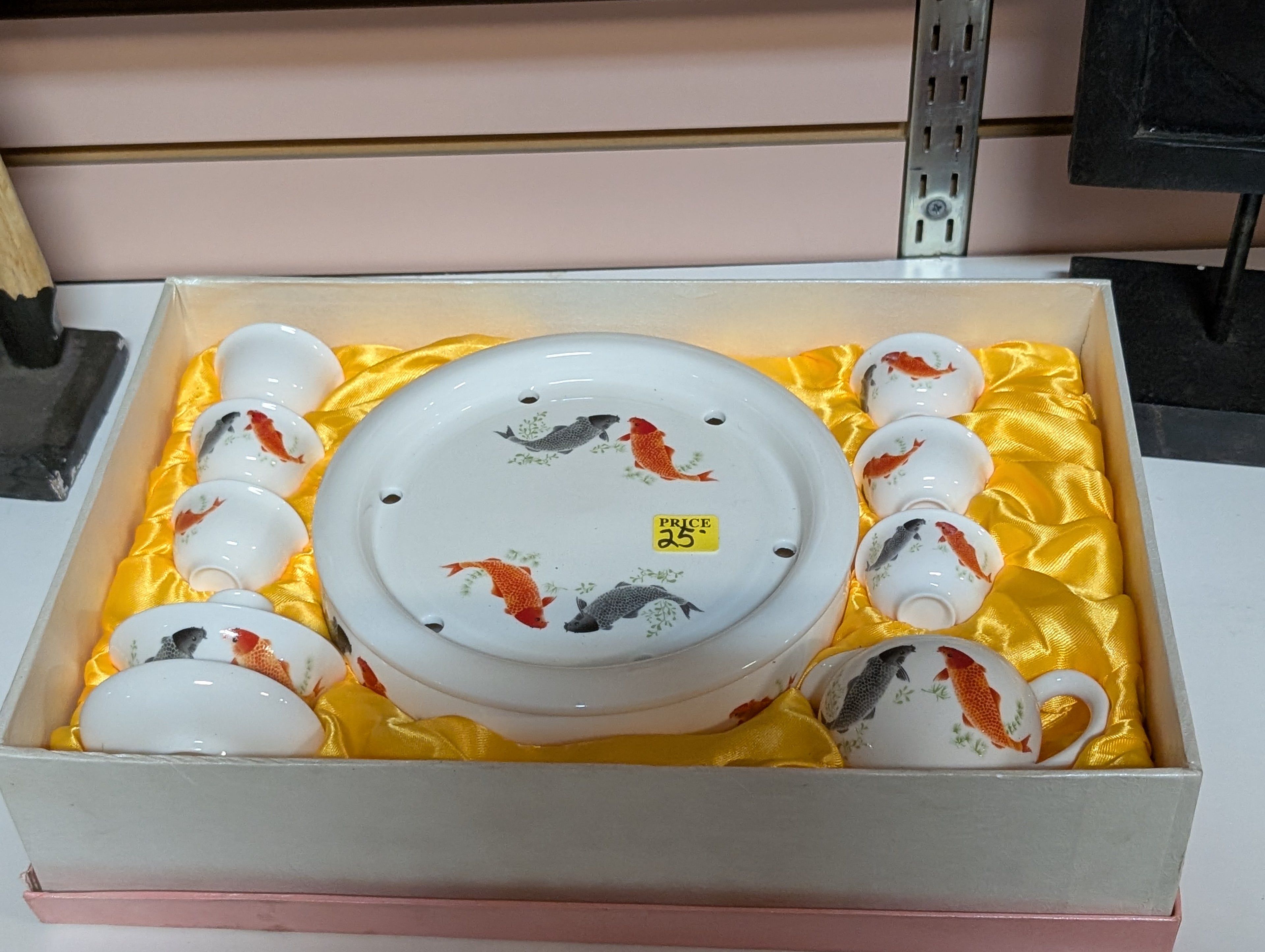 Vintage Chinese Porcelain Koi Fish Tea Set Hand Painted Cups Plate Display Set