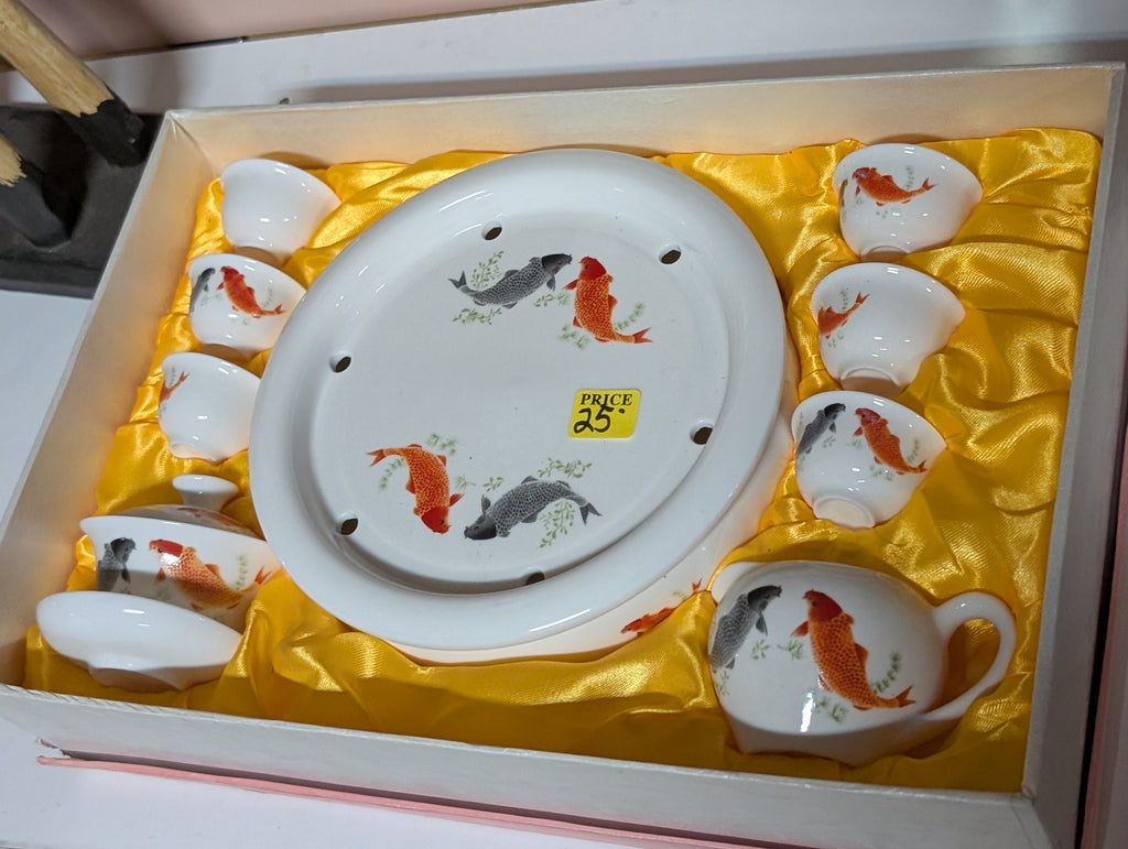 Vintage Chinese Porcelain Koi Fish Tea Set Hand Painted Cups Plate Display Set
