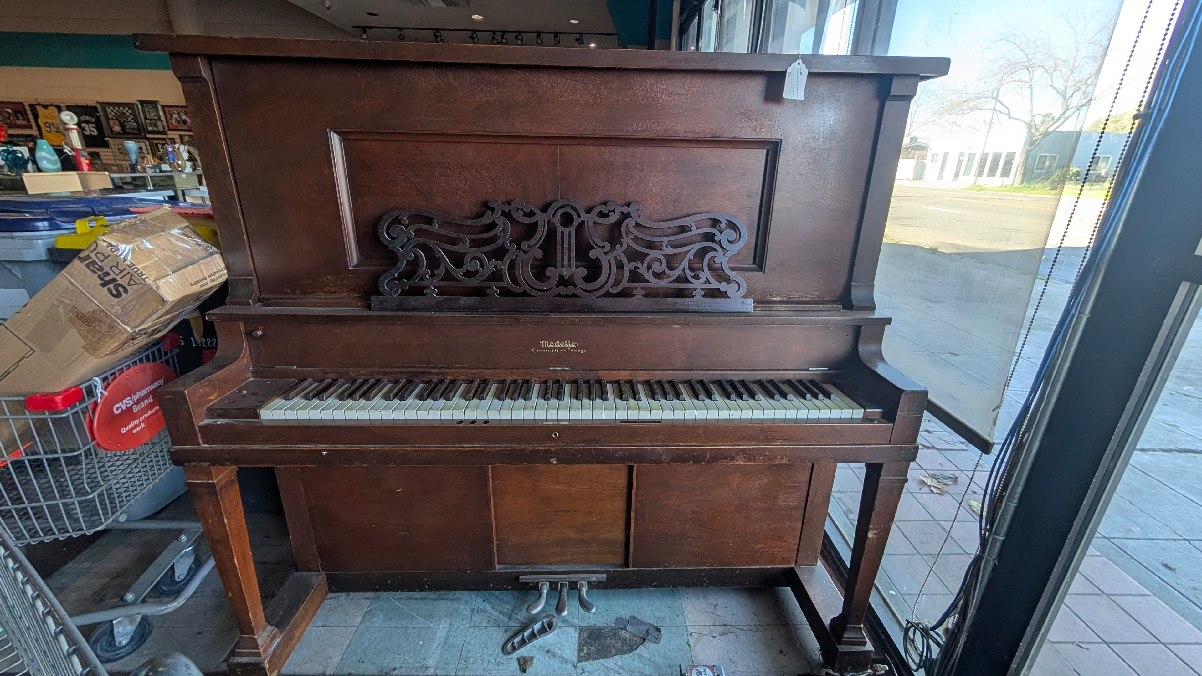 Vintage Modello Upright Piano Cincinnati Chicago Solid Wood Cabinet Antique Decor