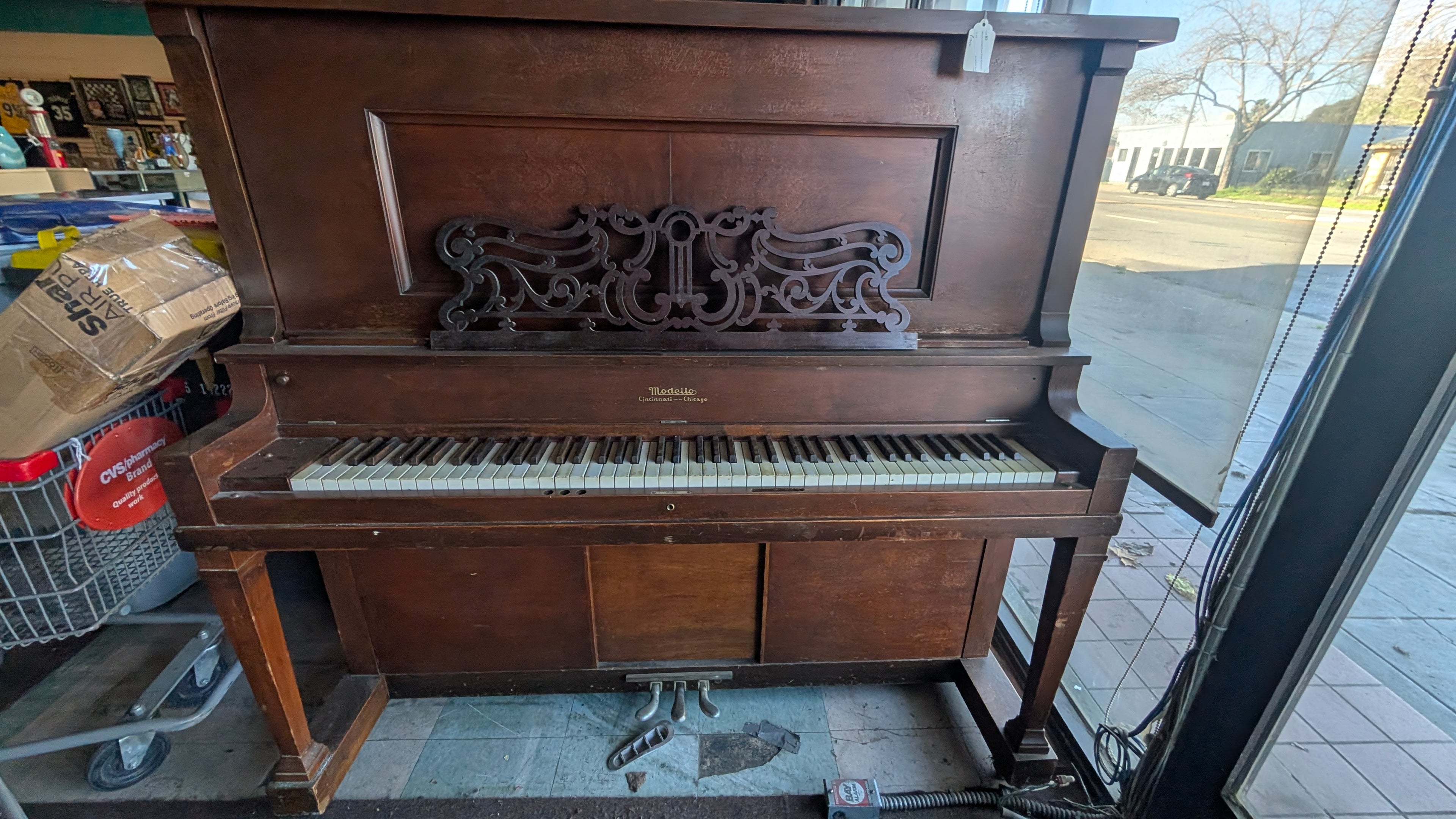 Vintage Modello Upright Piano Cincinnati Chicago Solid Wood Cabinet Antique Decor
