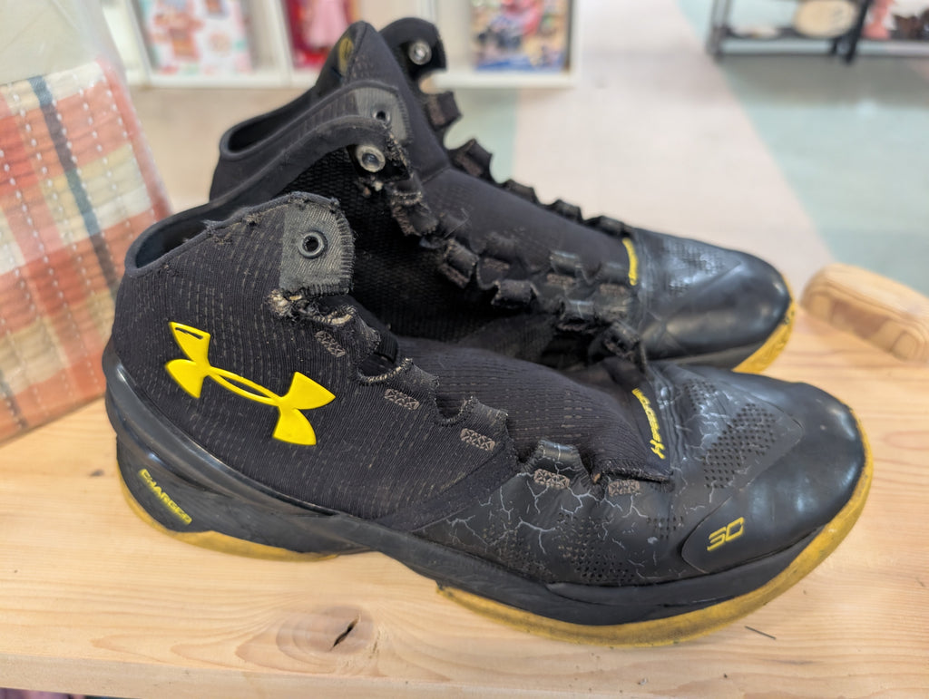Under Armour Curry SC Black Yellow Mid Top Basketball Shoes Mens Size 11 Used
