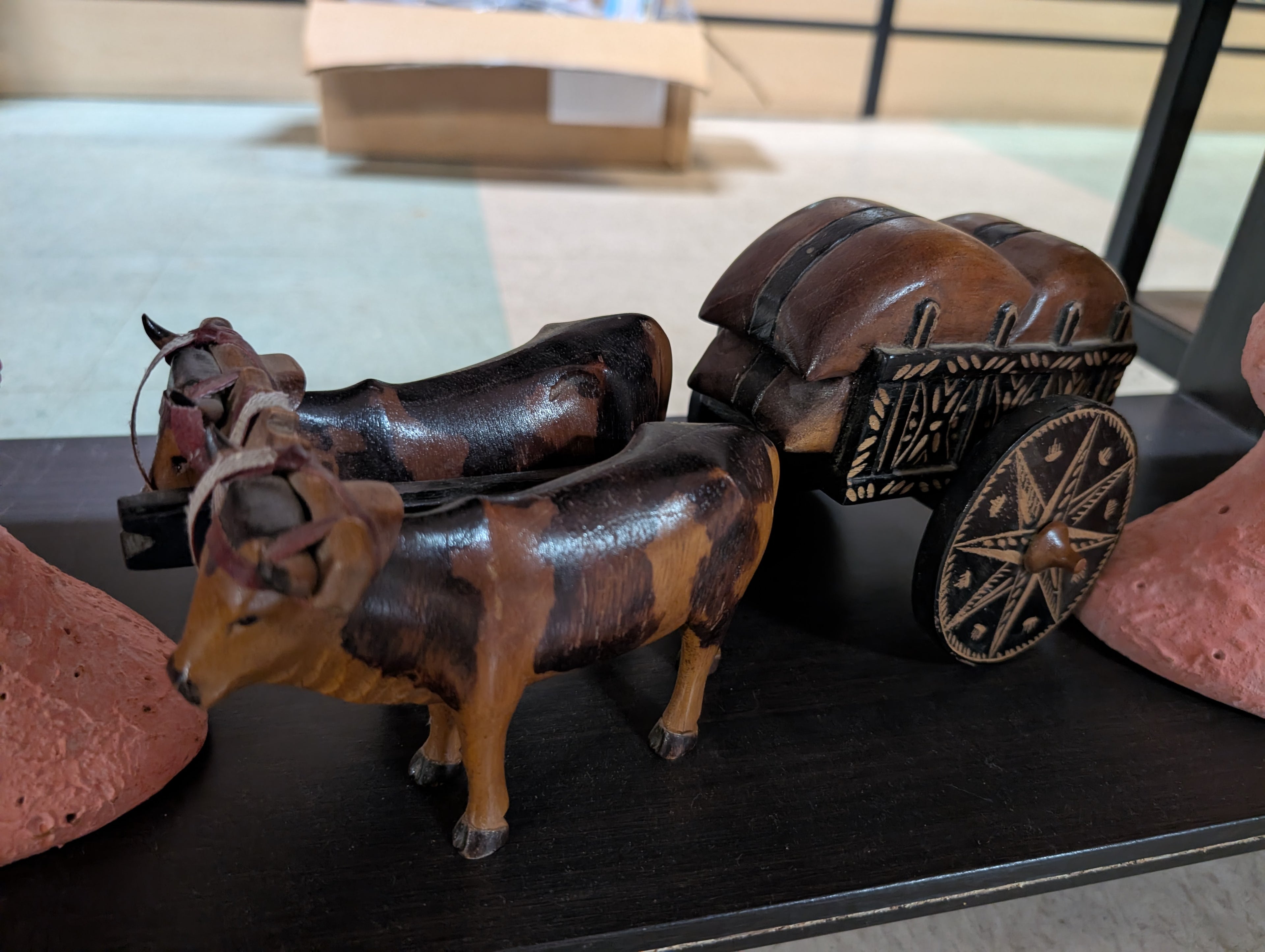 Vintage Hand Carved Wooden Ox Cart Figurine Rustic Folk Art Decor Repair Needed