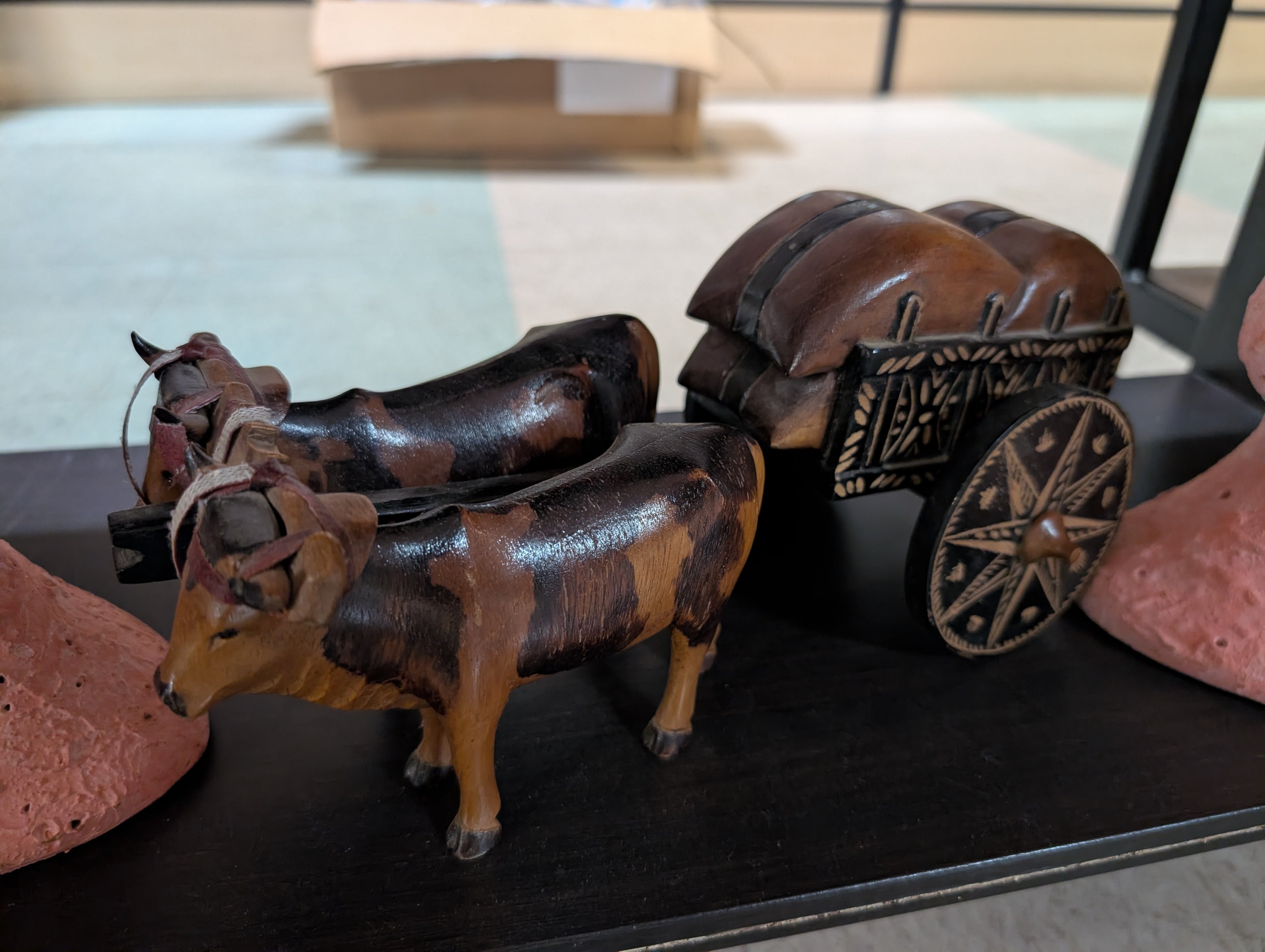 Vintage Hand Carved Wooden Ox Cart Figurine Rustic Folk Art Decor Repair Needed