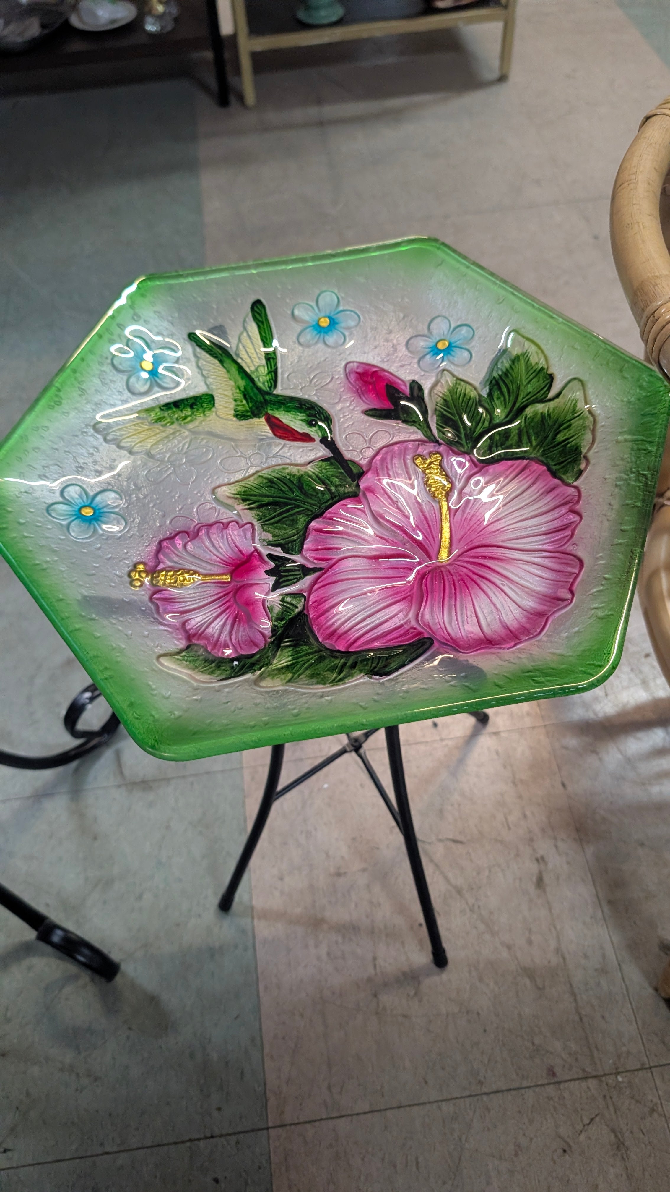 Hand Painted Glass Bird Bath With Hummingbird Floral Design Metal Stand Garden