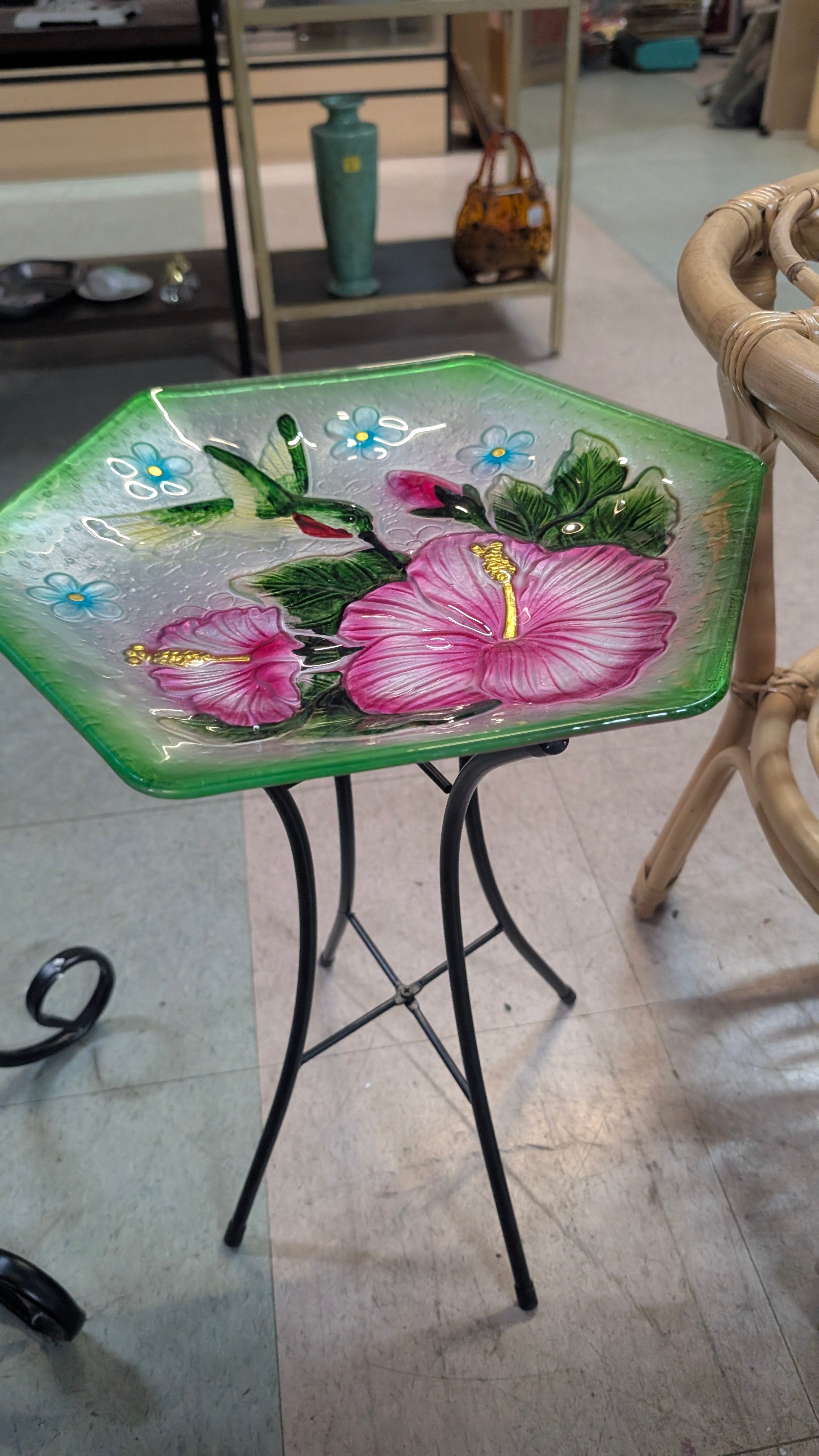 Hand Painted Glass Bird Bath With Hummingbird Floral Design Metal Stand Garden