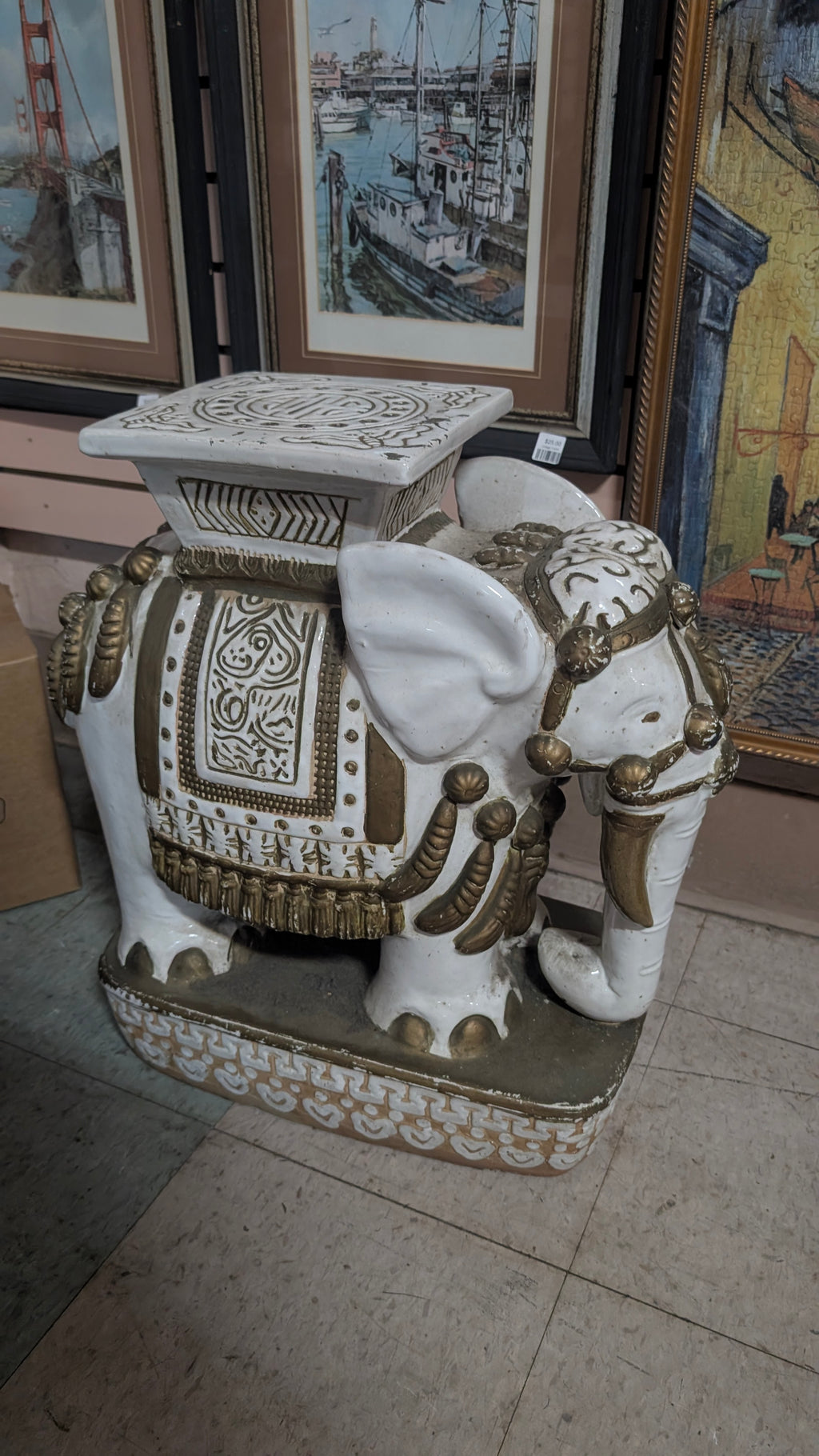 White Elephant Garden Stool Pedestal Ceramic Accent Seat Table Decor Indoor