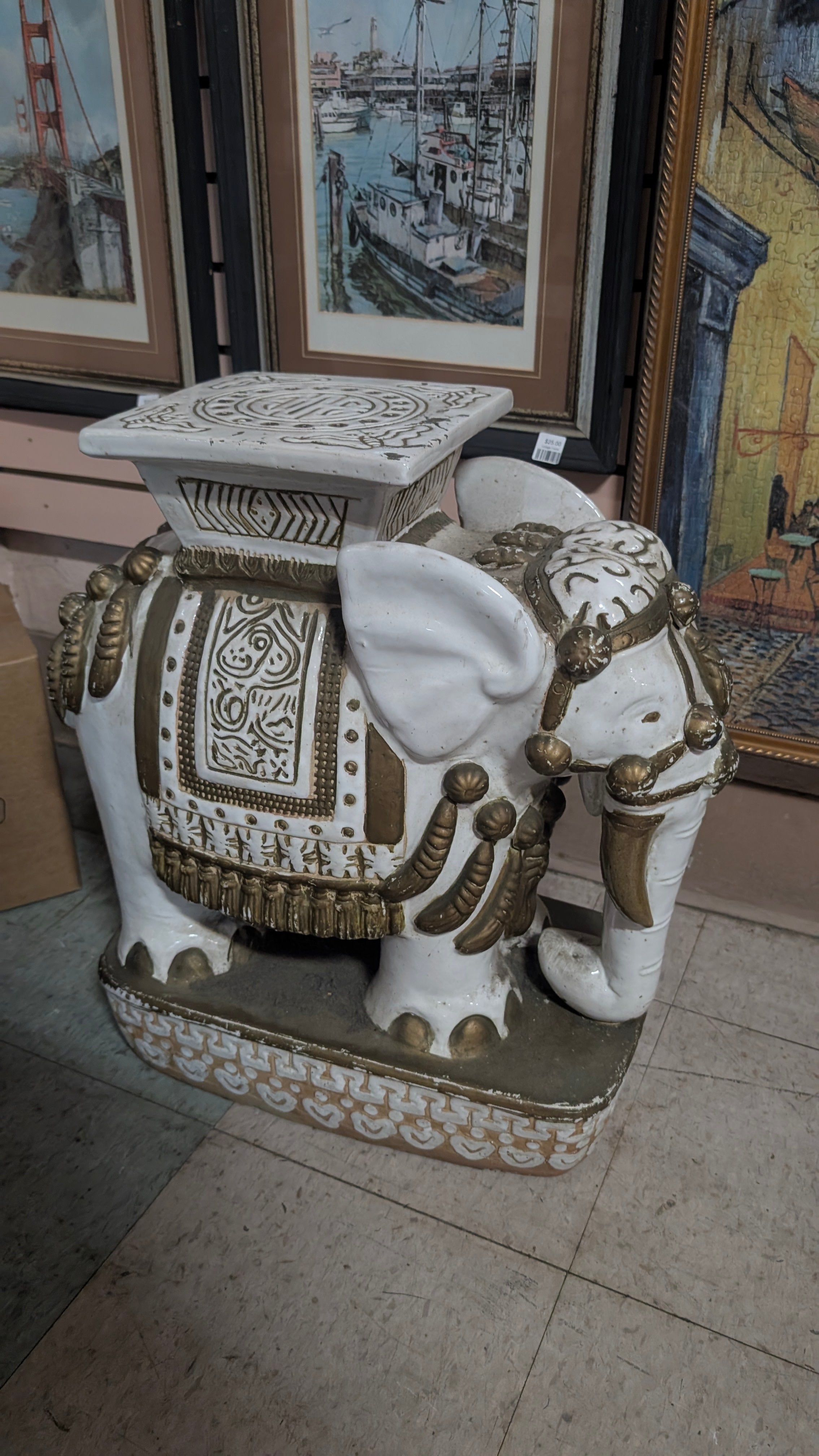 White Elephant Garden Stool Pedestal Ceramic Accent Seat Table Decor Indoor