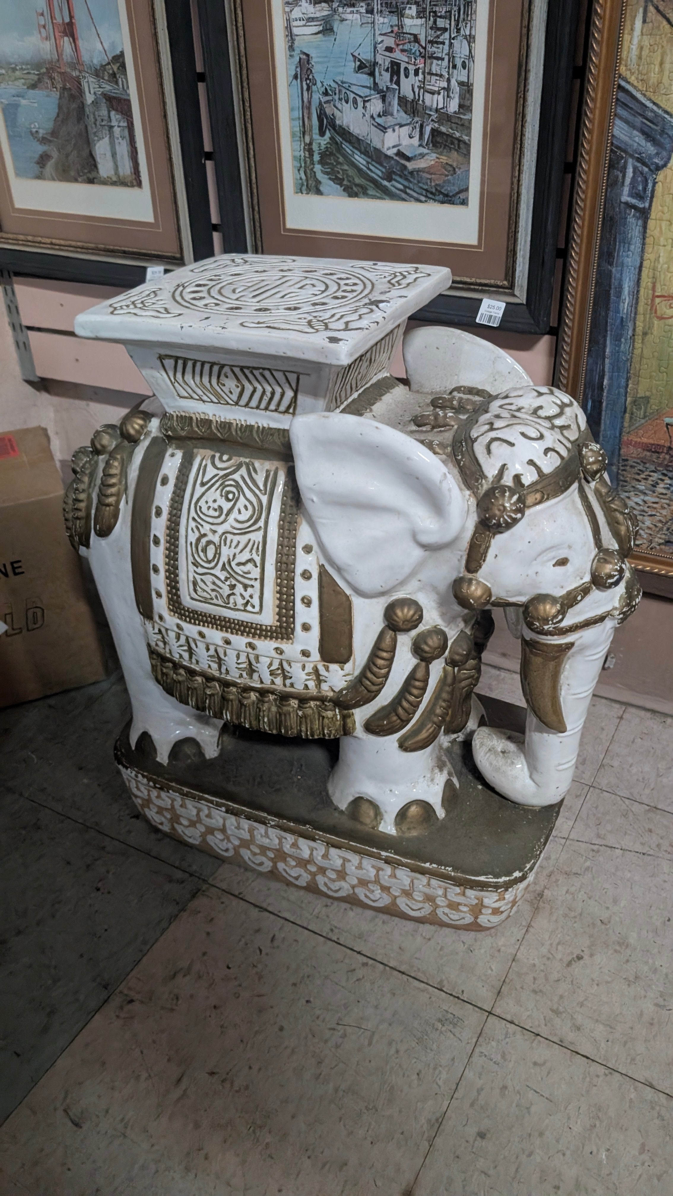 White Elephant Garden Stool Pedestal Ceramic Accent Seat Table Decor Indoor