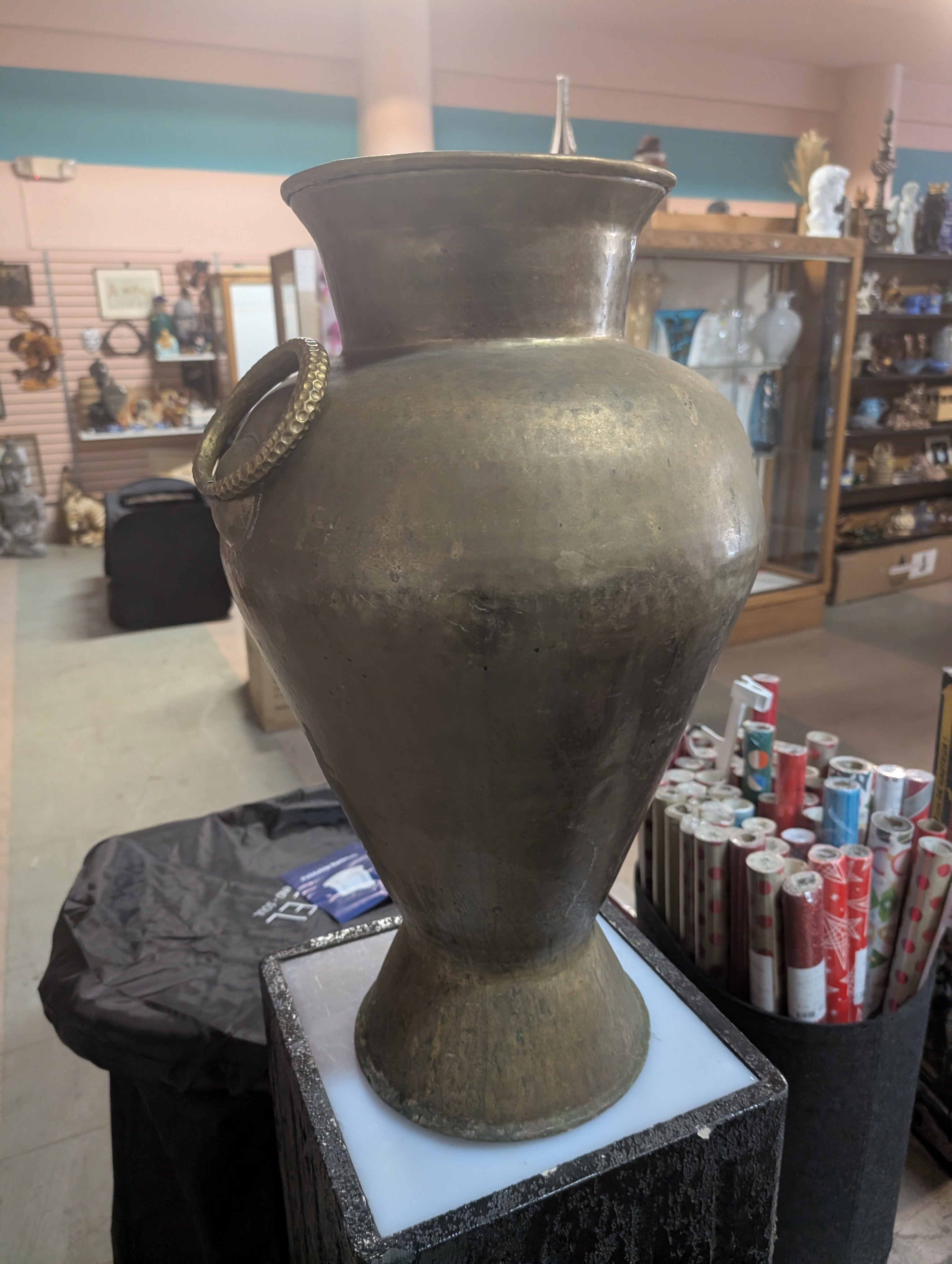 Vintage Large Hand Hammered Brass Urn Vase With Ring Handles Rustic Decor Display