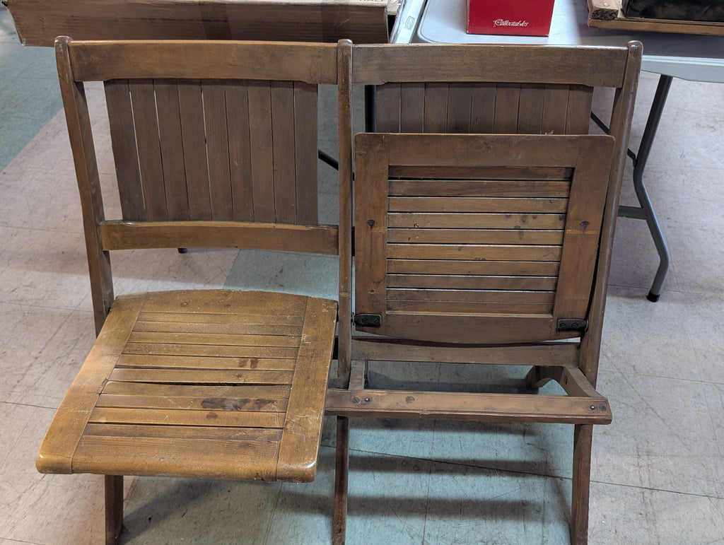 Vintage Wooden Folding Theater Chairs Pair As Is Slat Seat Antique Style Seating
