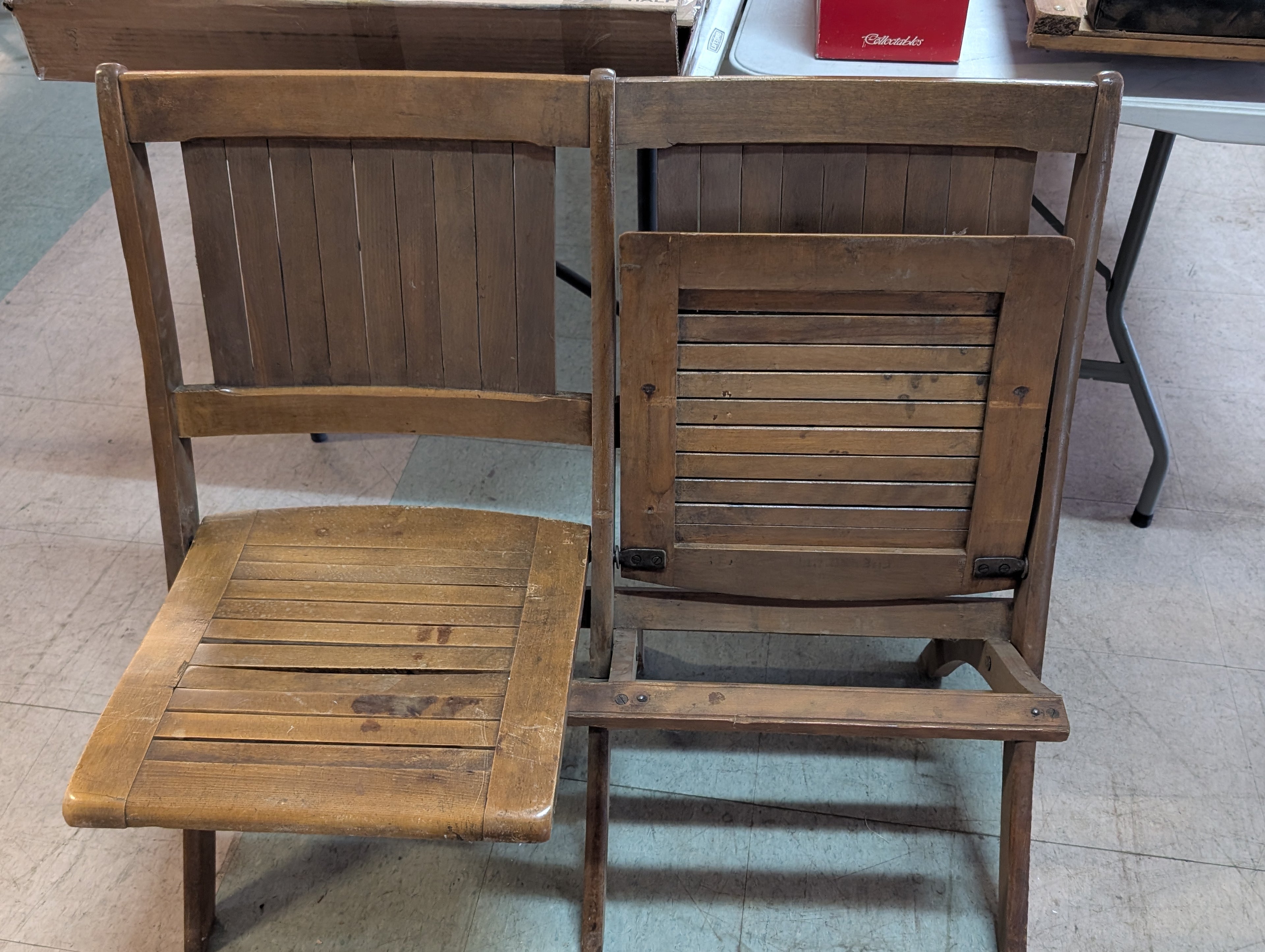 Vintage Wooden Folding Theater Chairs Pair As Is Slat Seat Antique Style Seating