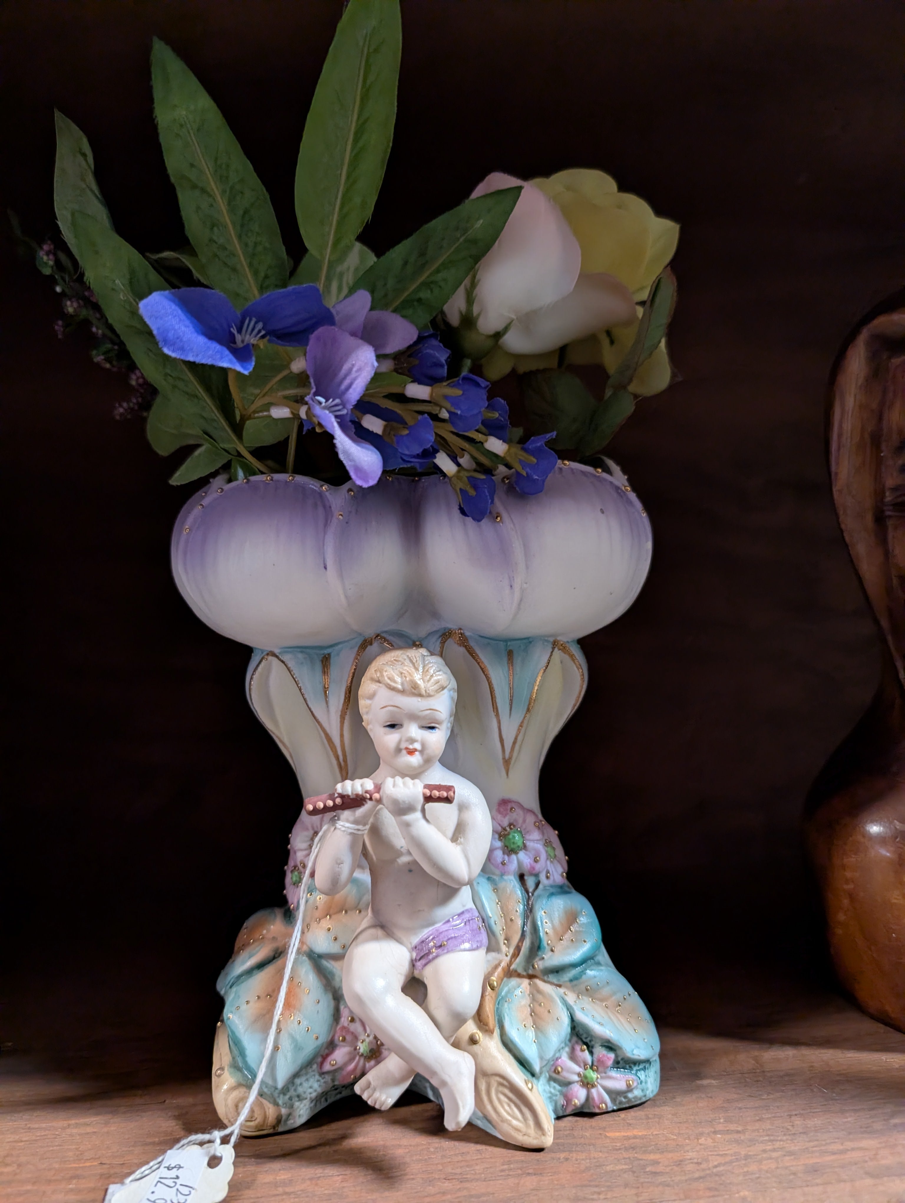 Vintage Cherub Figurine Floral Vase Porcelain Style Decorative Display Piece