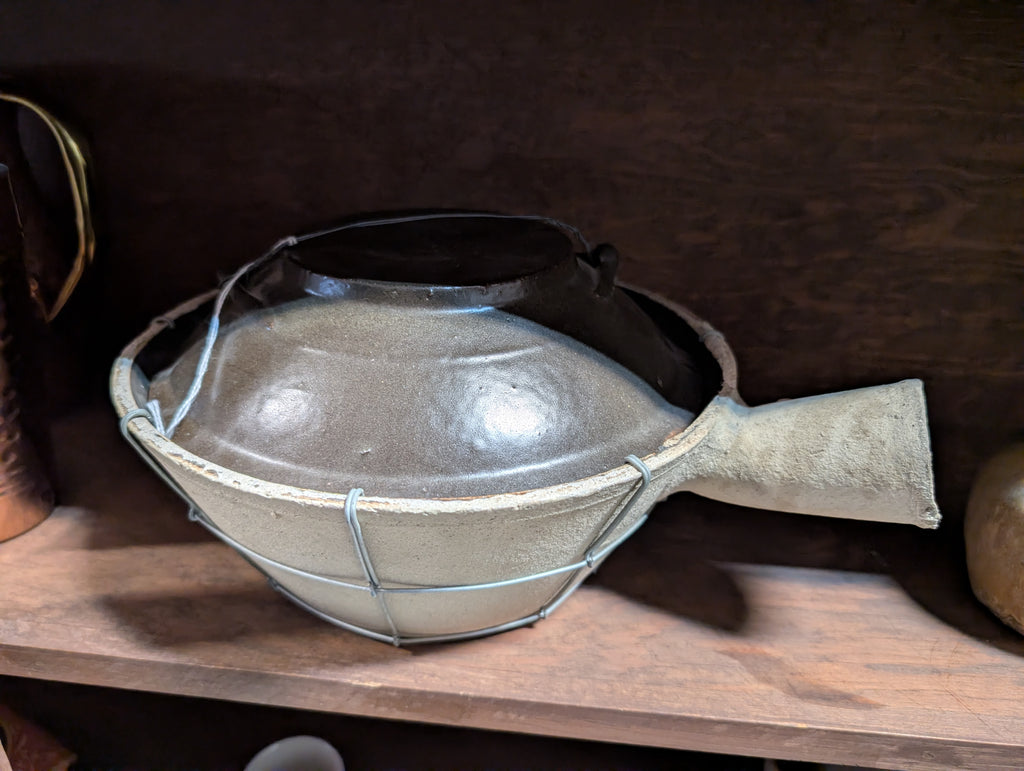 Vintage Japanese Clay Donabe Rice Cooker With Lid Wire Cradle Traditional Pot