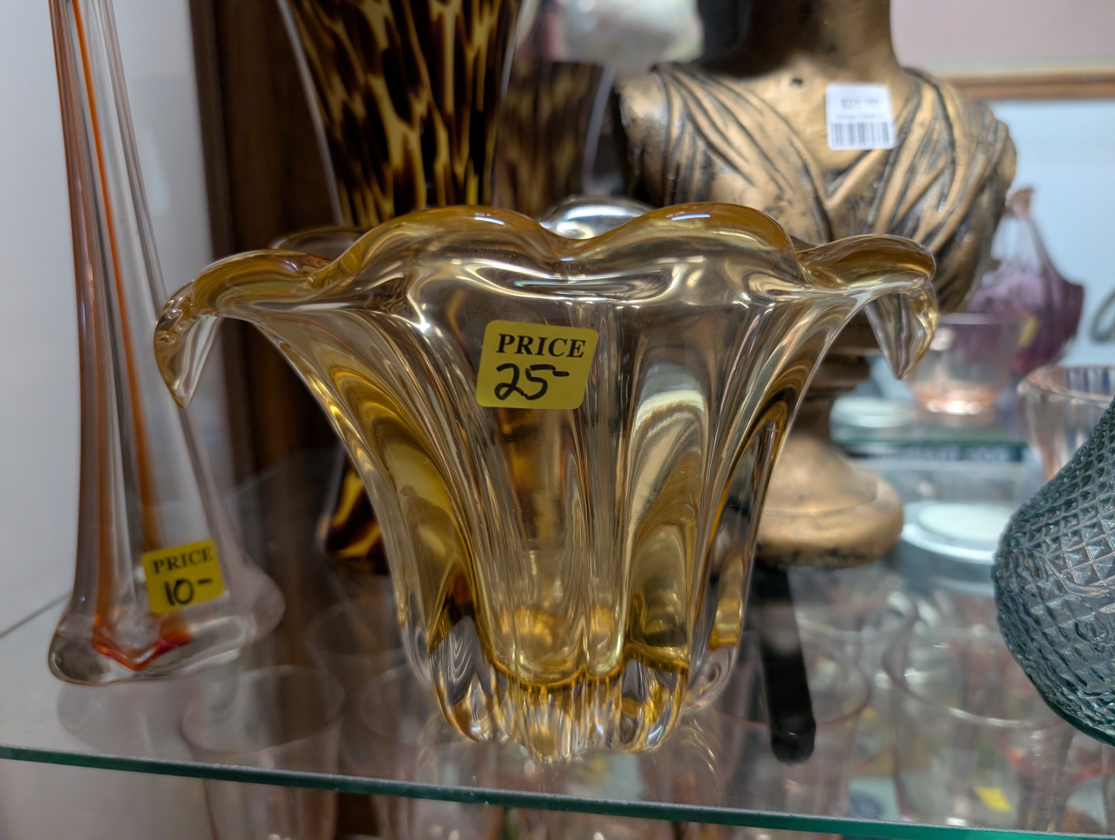 Vintage Amber Art Glass Ruffled Vase Mid Century Decorative Display Piece Decor
