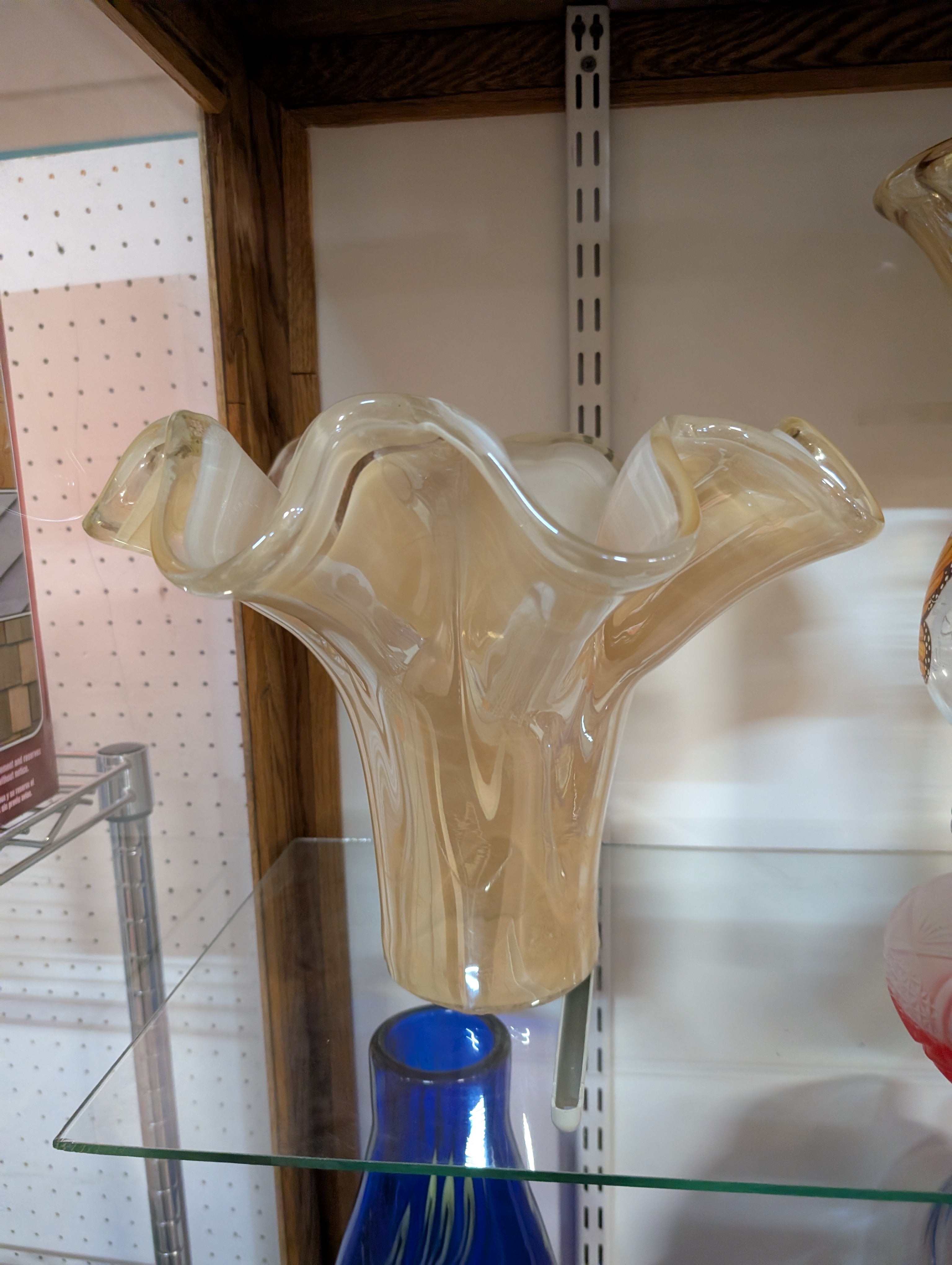 Vintage Clear Opalescent Art Glass Ruffled Trumpet Vase Decorative Display