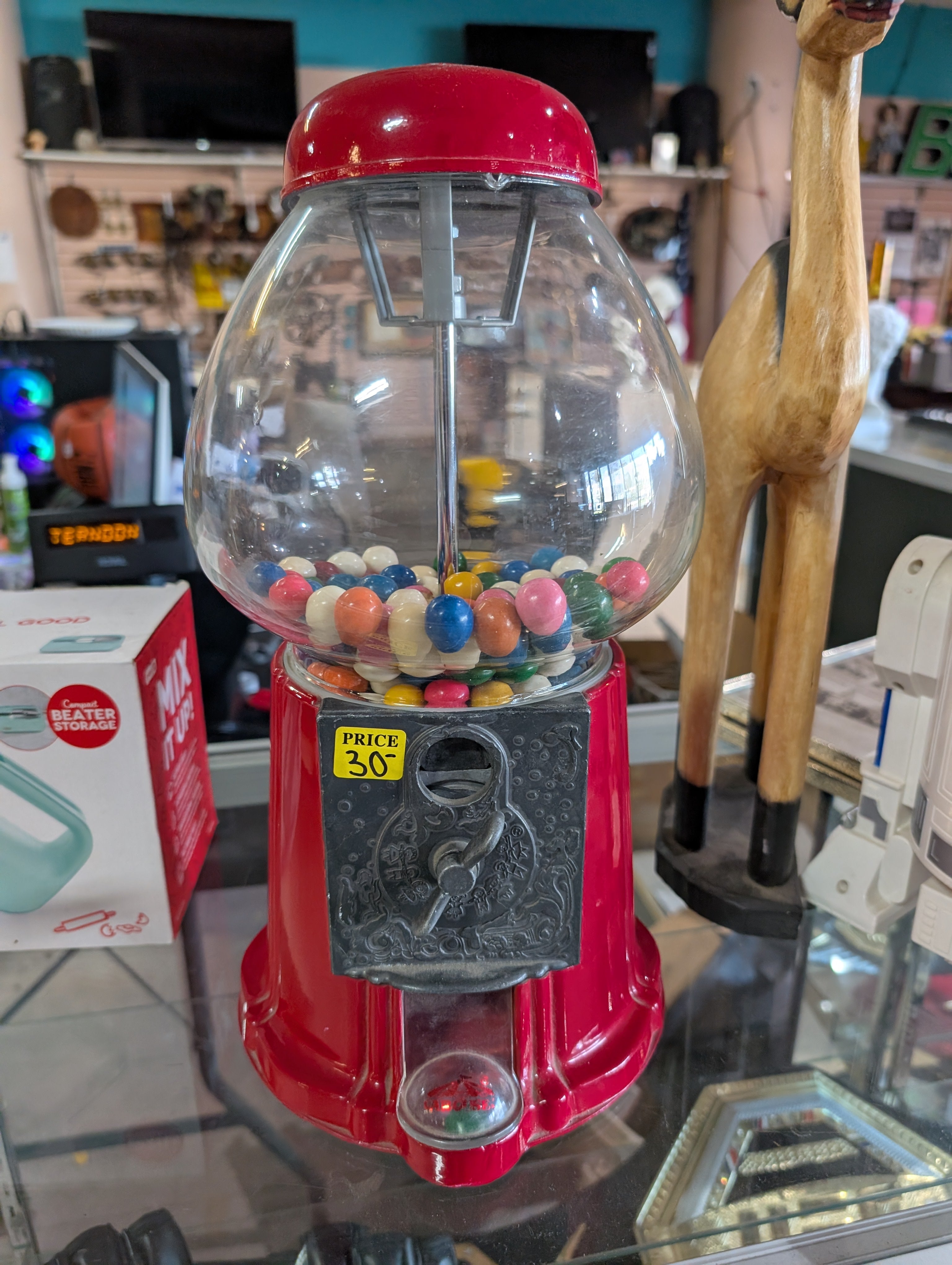 Vintage Red Glass Gumball Candy Machine Countertop Coin Operated Dispenser