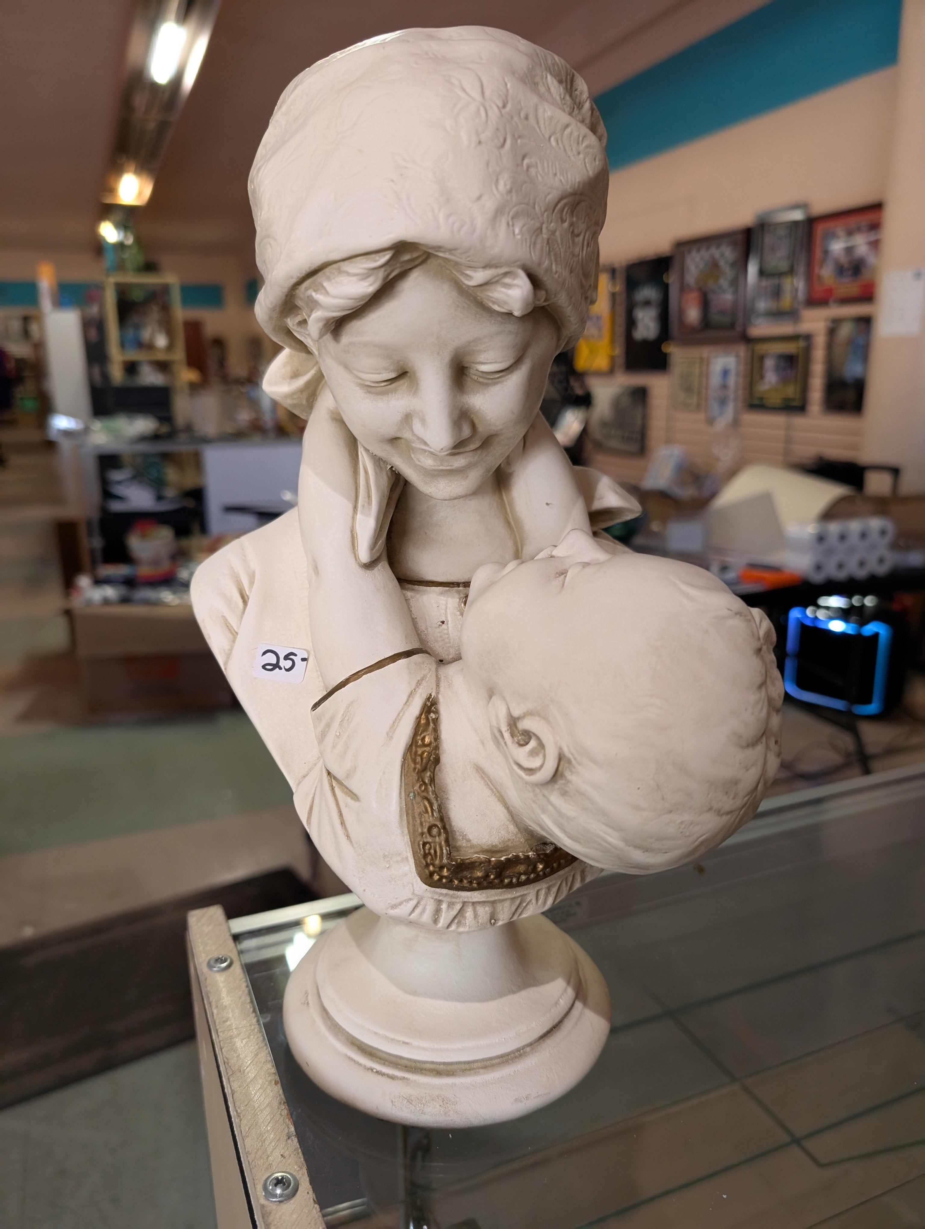 Vintage Chalkware Mother And Child Bust Sculpture White Painted Decorative Figurine