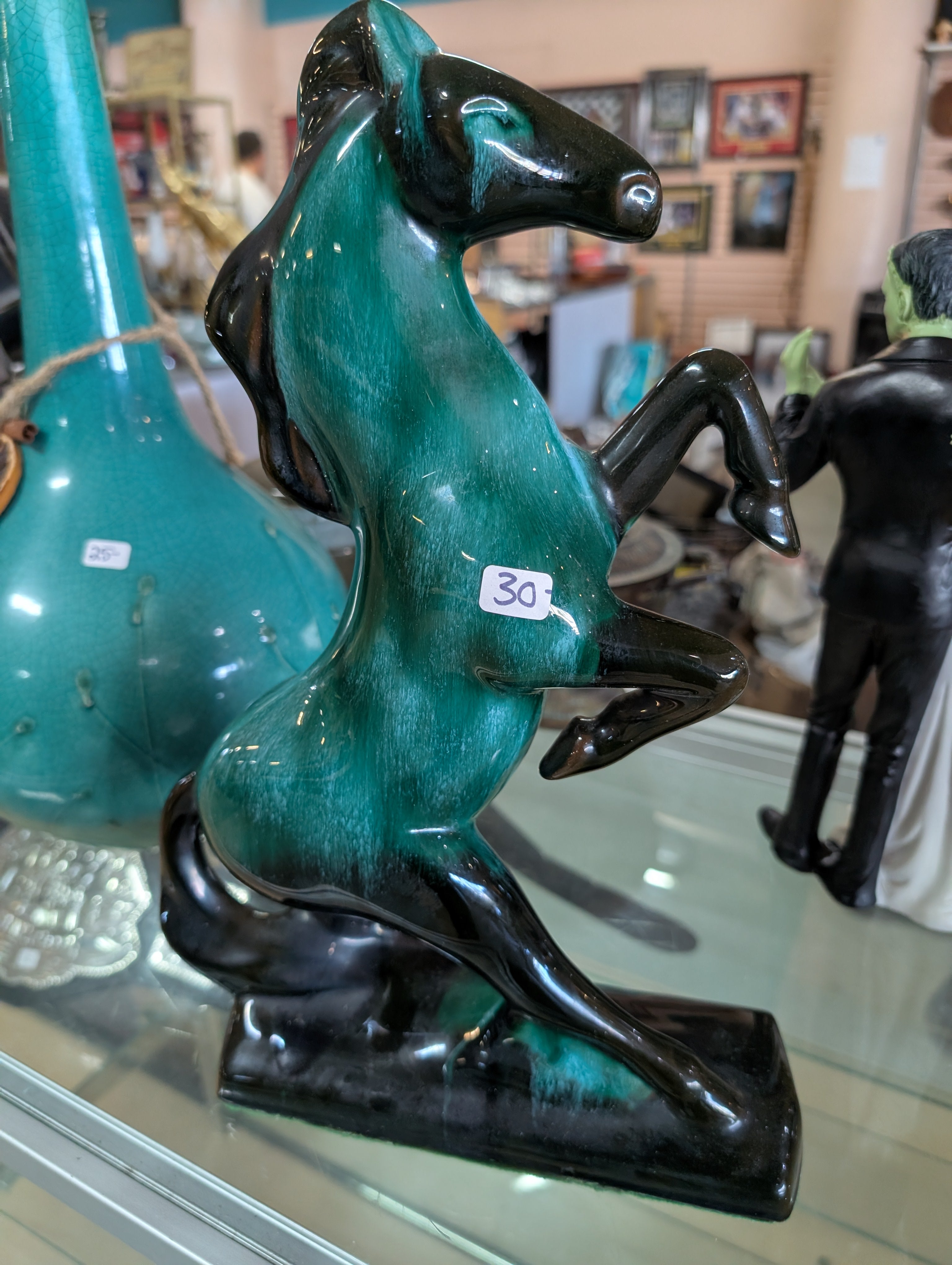 Vintage Blue Mountain Pottery Rearing Horse Green Flow Glaze Decor Statue Art